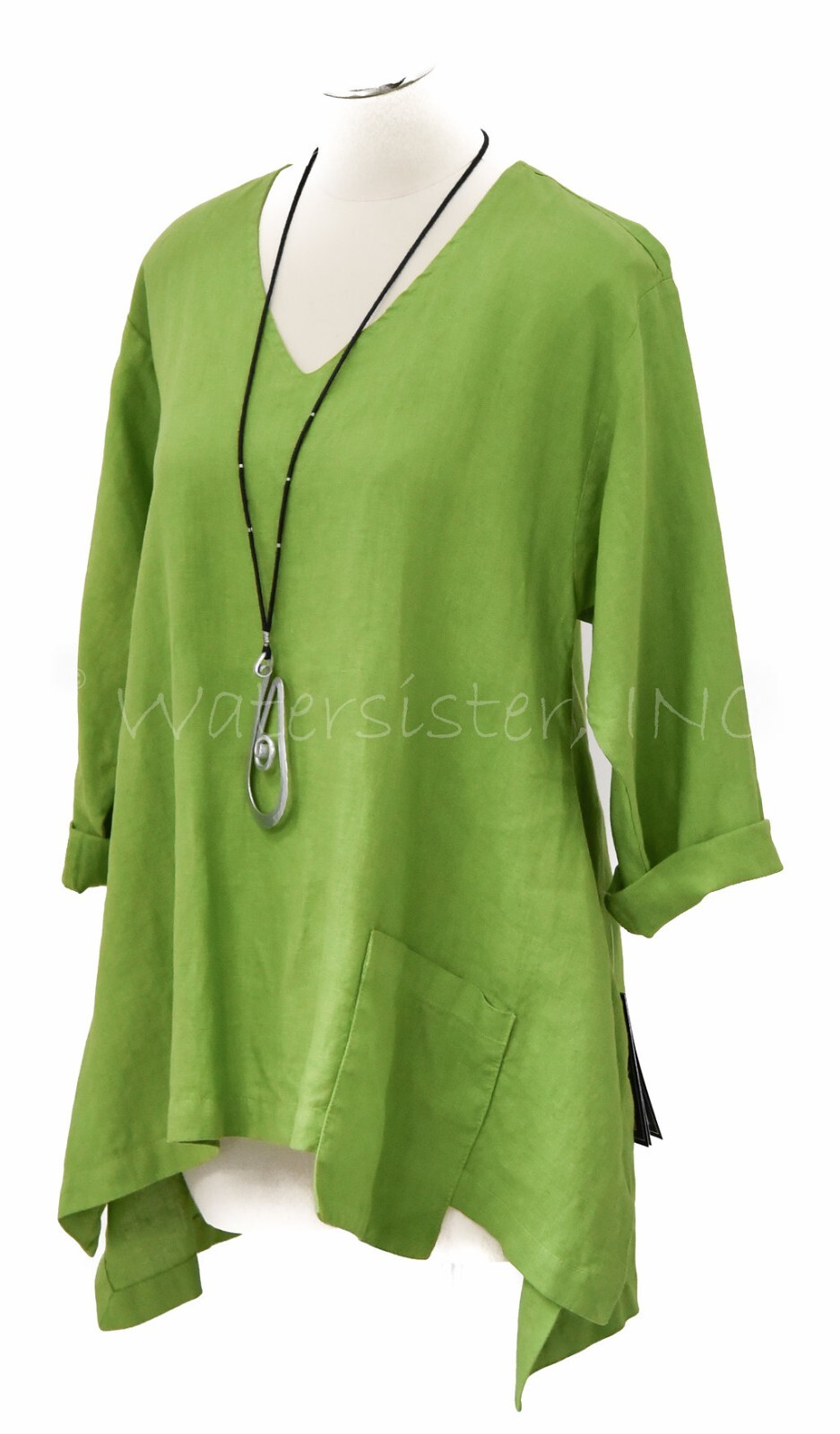 MOSAIC USA 2430 Linen V-NECK POCKET PULLOVER TOP Flare Square Hem Tunic S M L