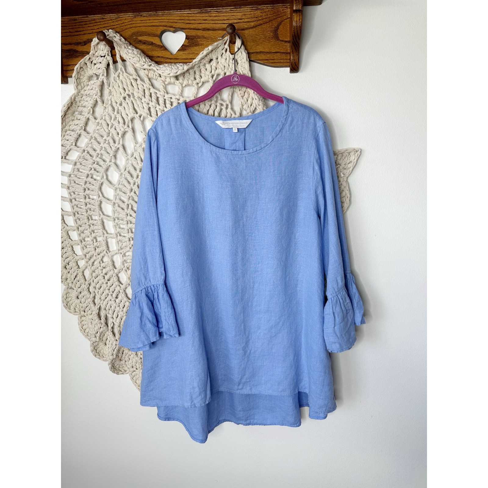 Crown Linen Designs Blue Tunic Flared Sleeve Top Size XL