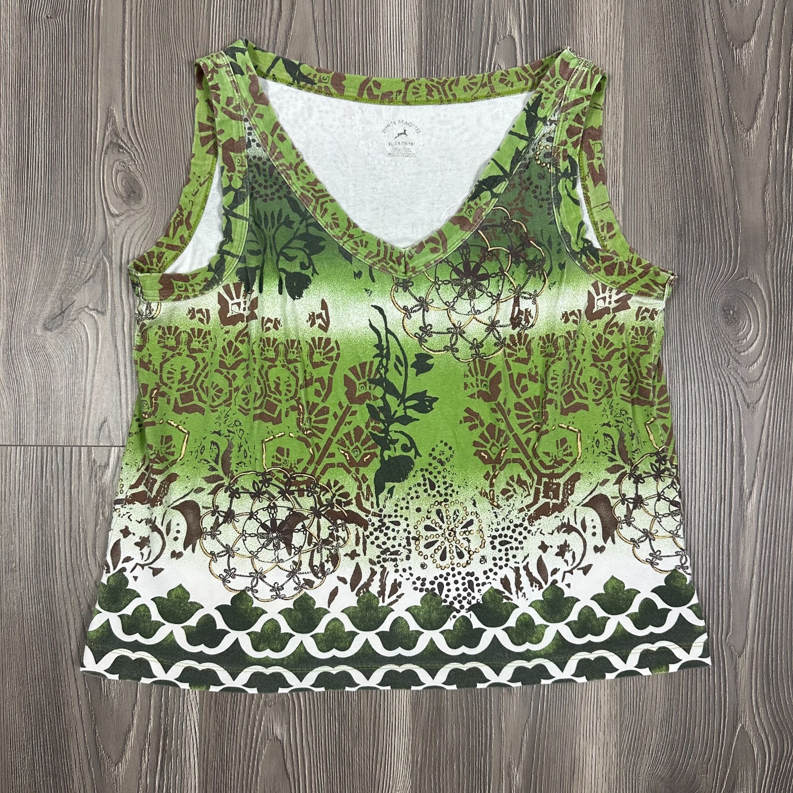 White Stag Y2K Green Brown Metallic Print V-Neck Tank Top Women’s XL