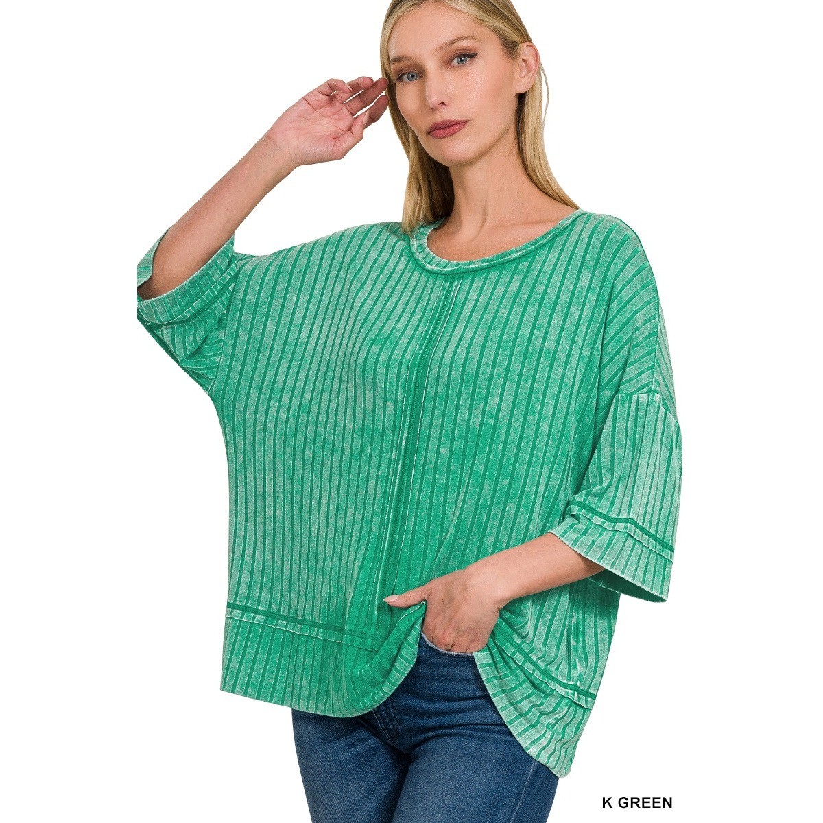 391-L/XL Zenana Ribbed Top K Green NWT Drop Shoulder Half Sleeve Mineral Wash
