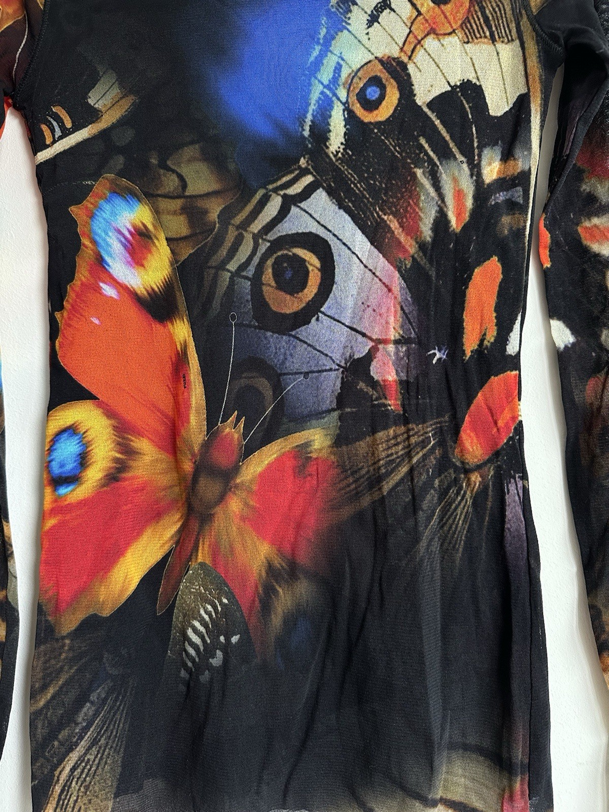 Vintage Fuzzi Jean Paul Gaultier Butterfly Print Long Sleeve Mesh Blouse Size XL