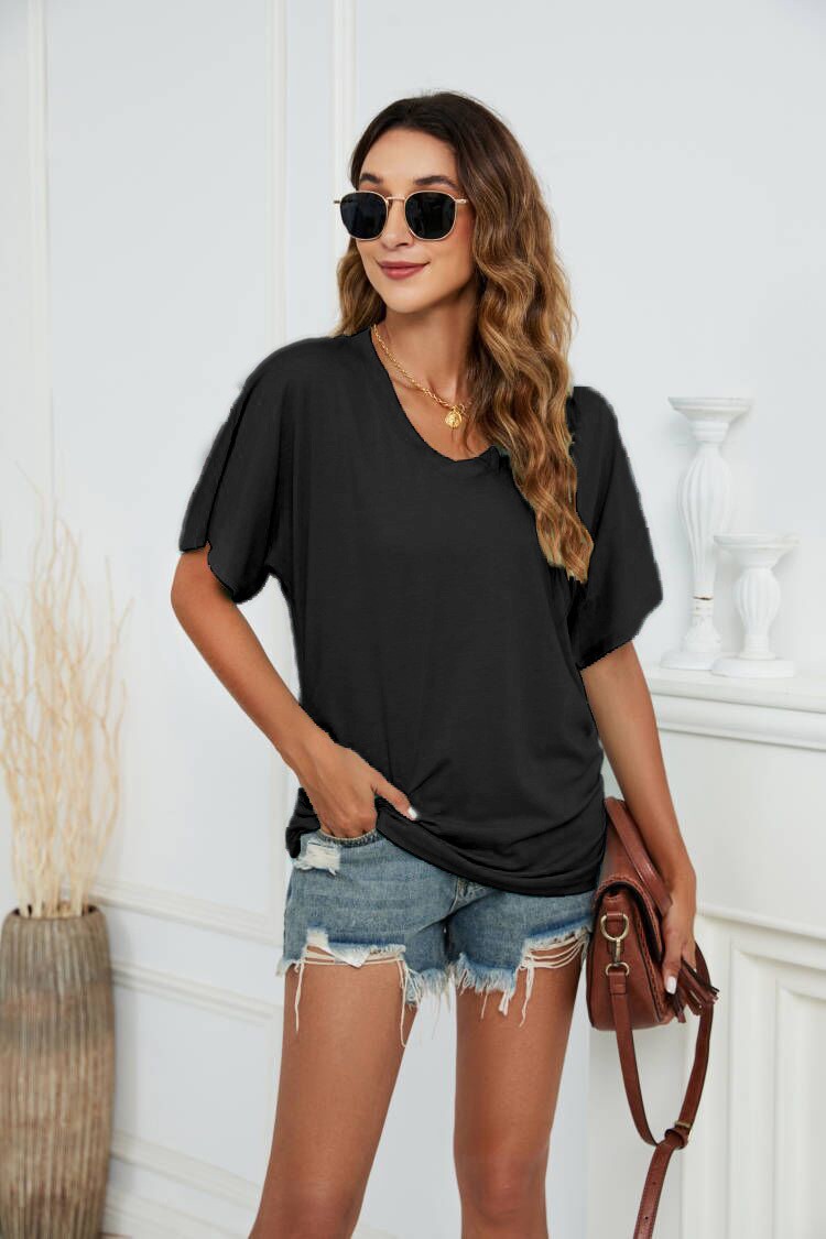 Women’s Solid V-Neck Short Sleeve T-Shirt Loose Cotton Blend Summer Tee Blouse