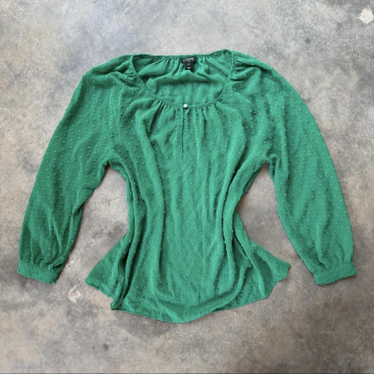 J.Crew Emerald Green Swiss Dot Peasant Blouse | Sheer Boho Long Sleeve Top