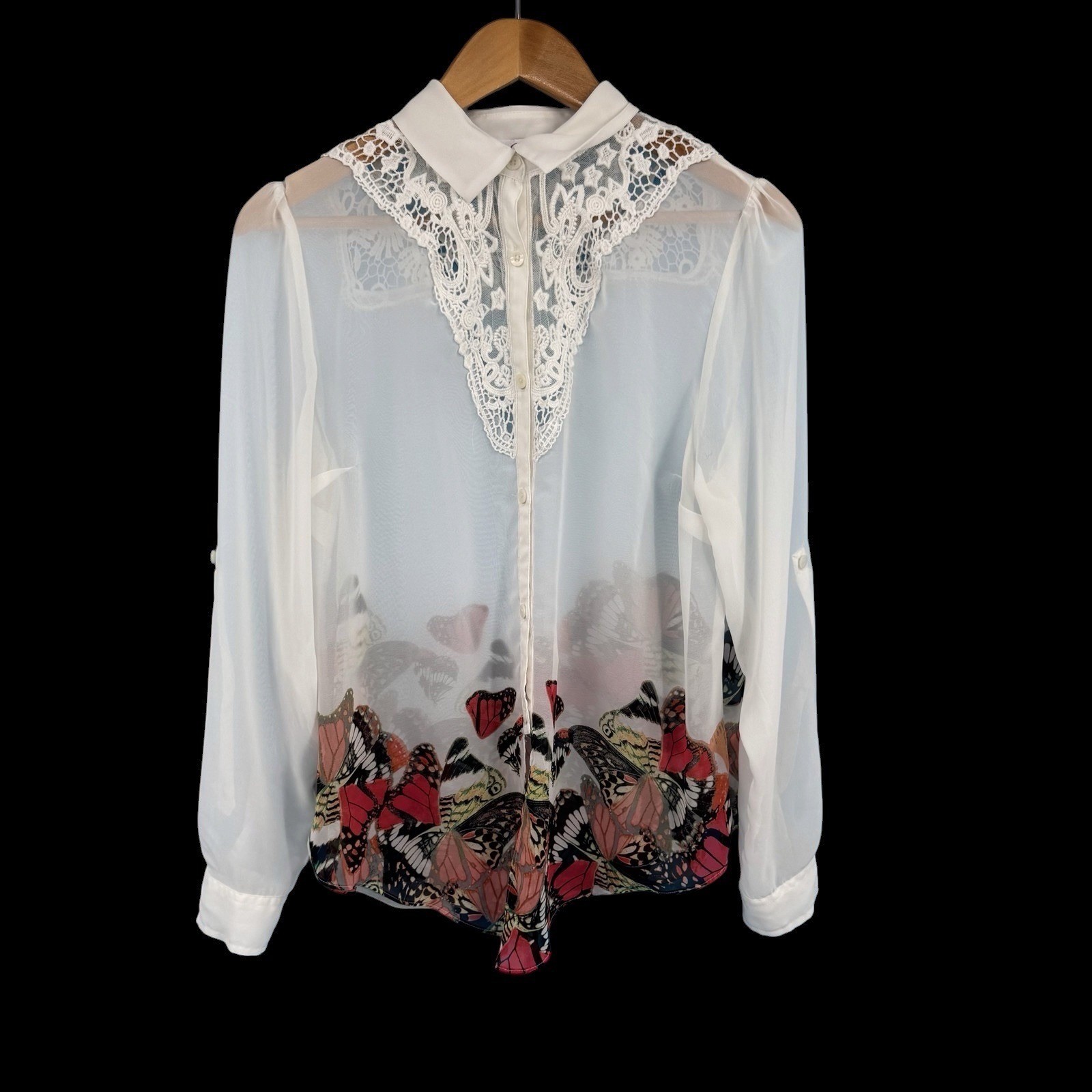Candies Womens Blouse Large White Butterfly Print Lace Sheer Whimsygoth Y2K