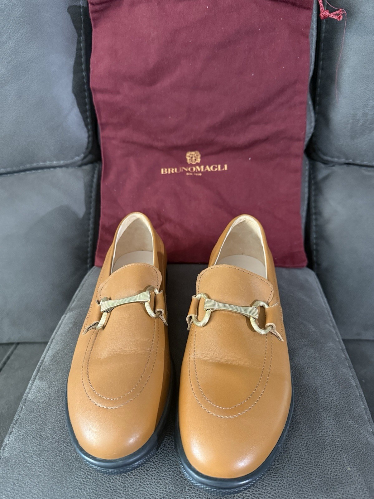 Bruno Magli Brown Leather Slip-On Loafers with Metal Bit Accent for women