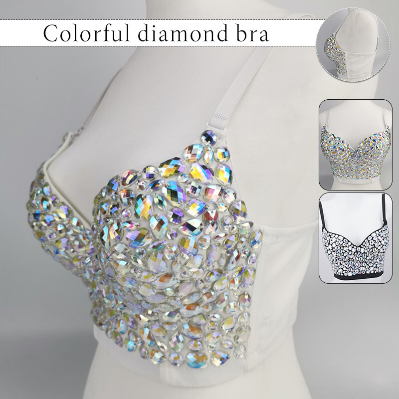 Women Sexy Shiny Diamond Rhinestones Bra Corset Bustier Crop Tank Top Bralette
