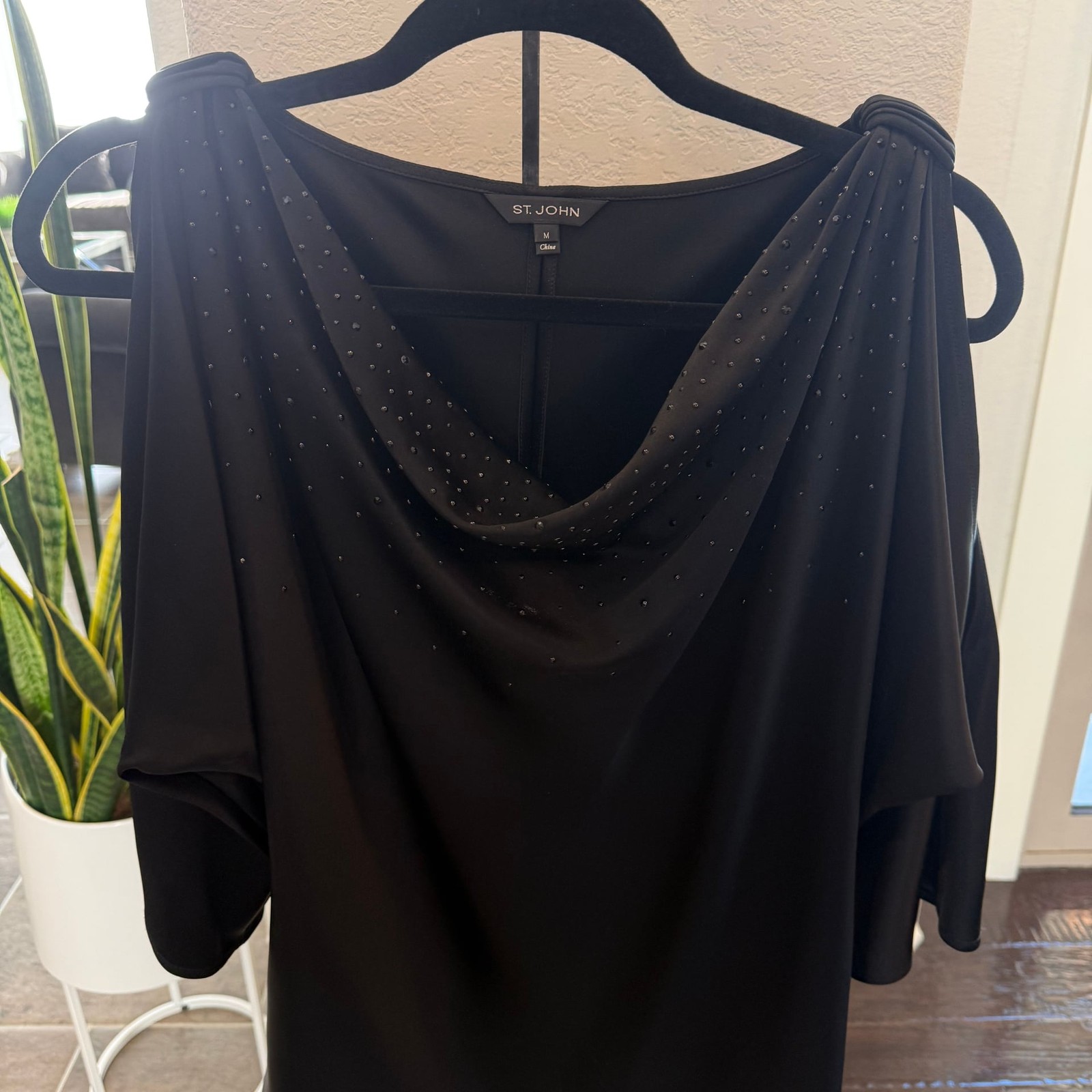 St. John Black Liquid Satin Drapey Cowl Neck Blouse