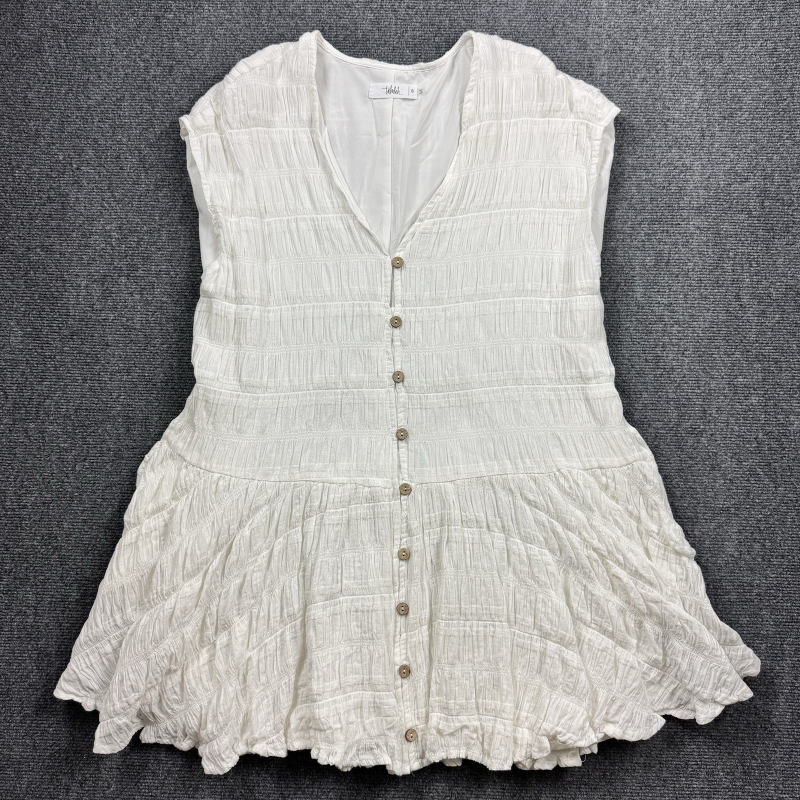 TALULAH Tunic Top Women Small White Crinkle Smocked Button Front V Neck