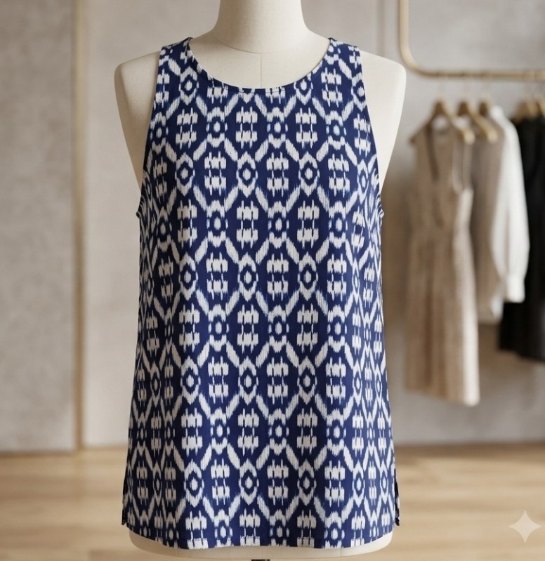 Old Navy Blue & White Ikat Print Sleeveless Tank Top Keyhole Back Casual Blouse