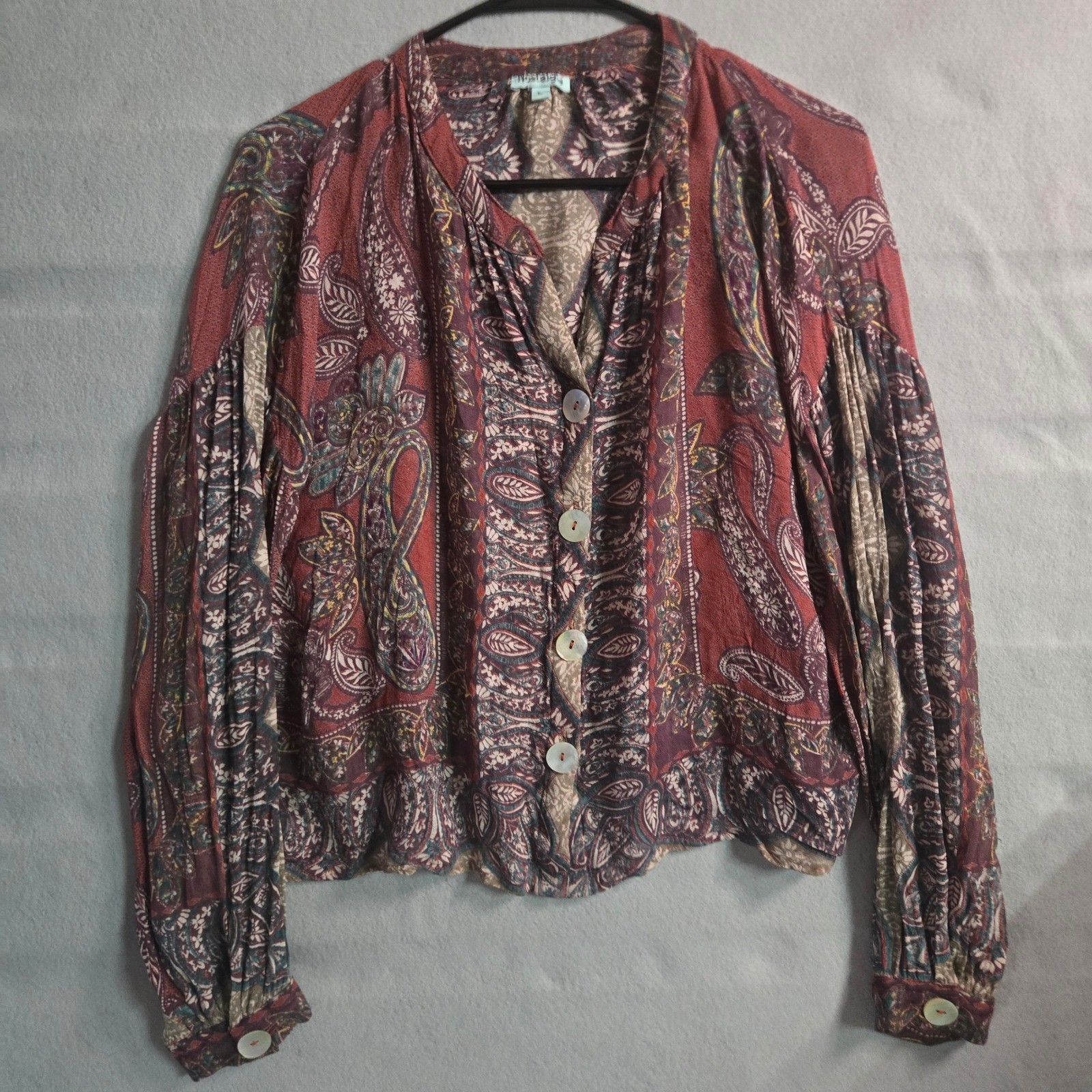 Nostalgia Paisley Boho Peasant Blouse Women’s Large Burgundy Long Sleeve