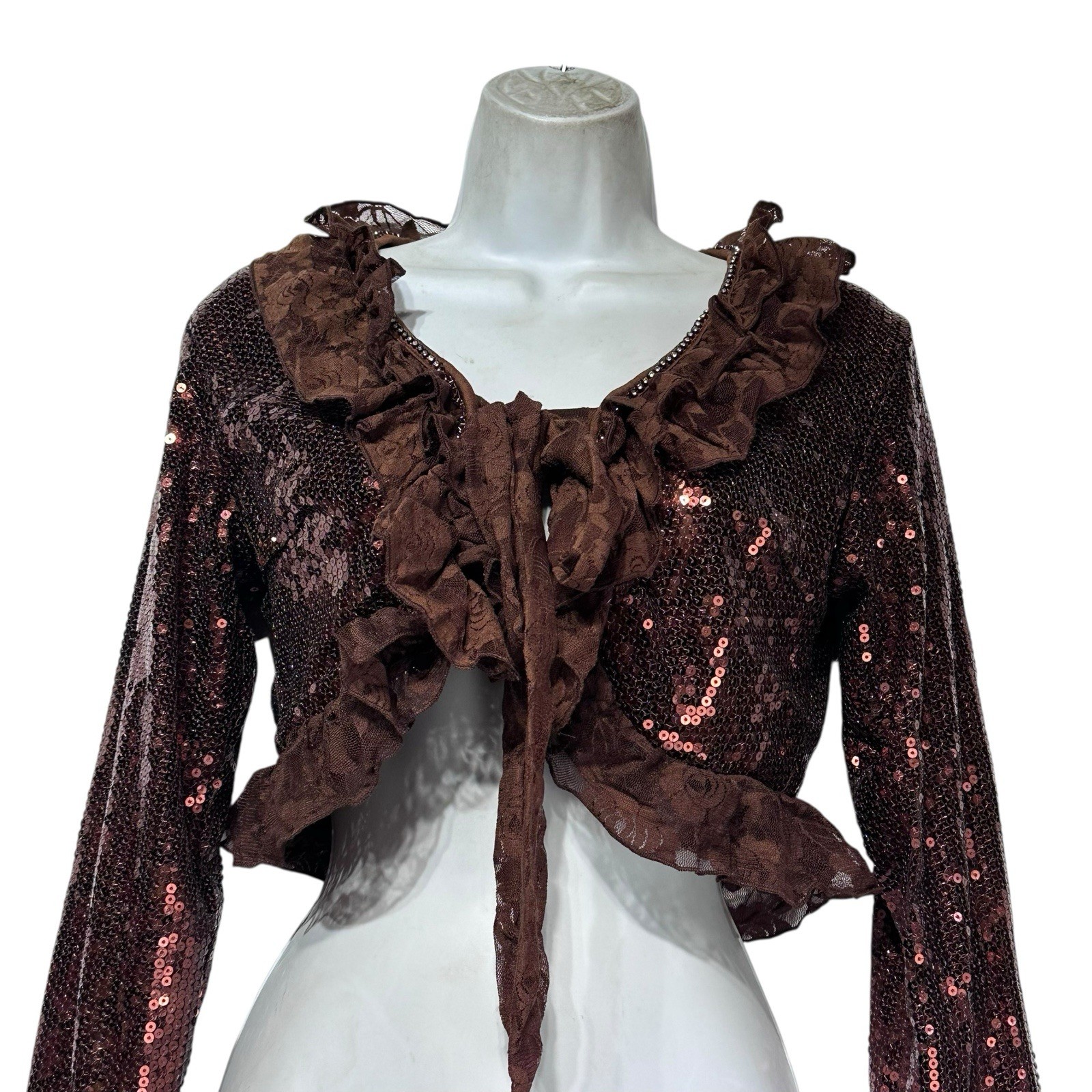 Oh & Yes Brown Sequin Ruffle Tie Front Cropped Cardigan Long Sleeve Top Size M