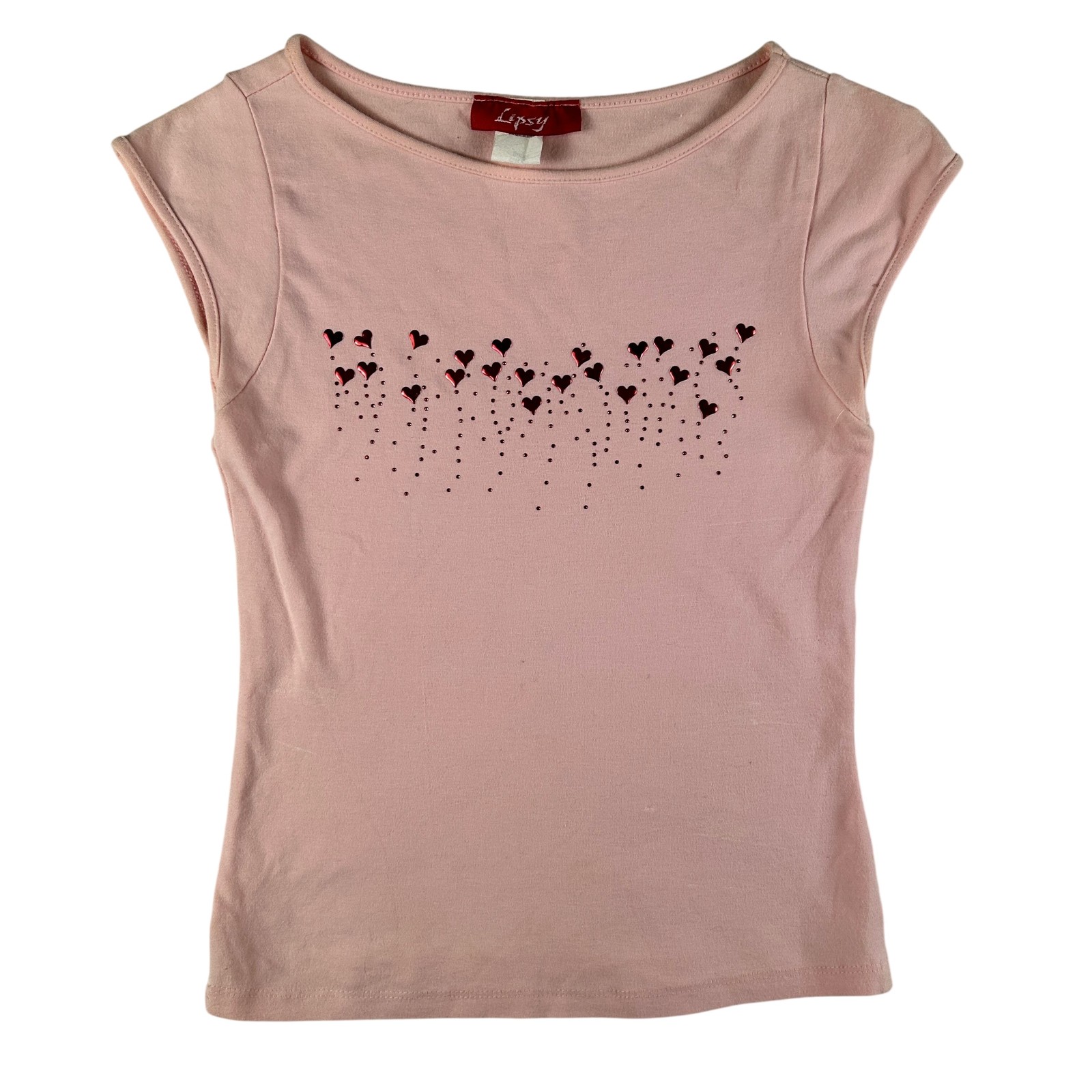 Vintage Lipsy Shirt Womens Small Heart Rhinestone Cap Sleeve Baby Tee Y2K USA