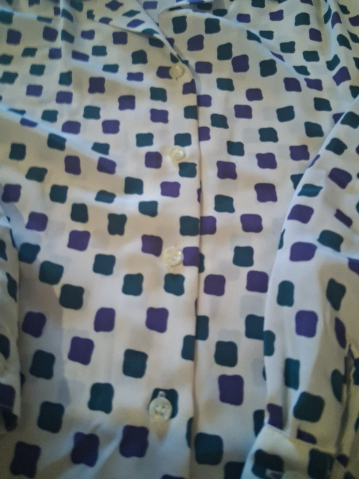 Vintage Leslie Fay Womens Off White Purple And Green Square Print Blouse Size 18