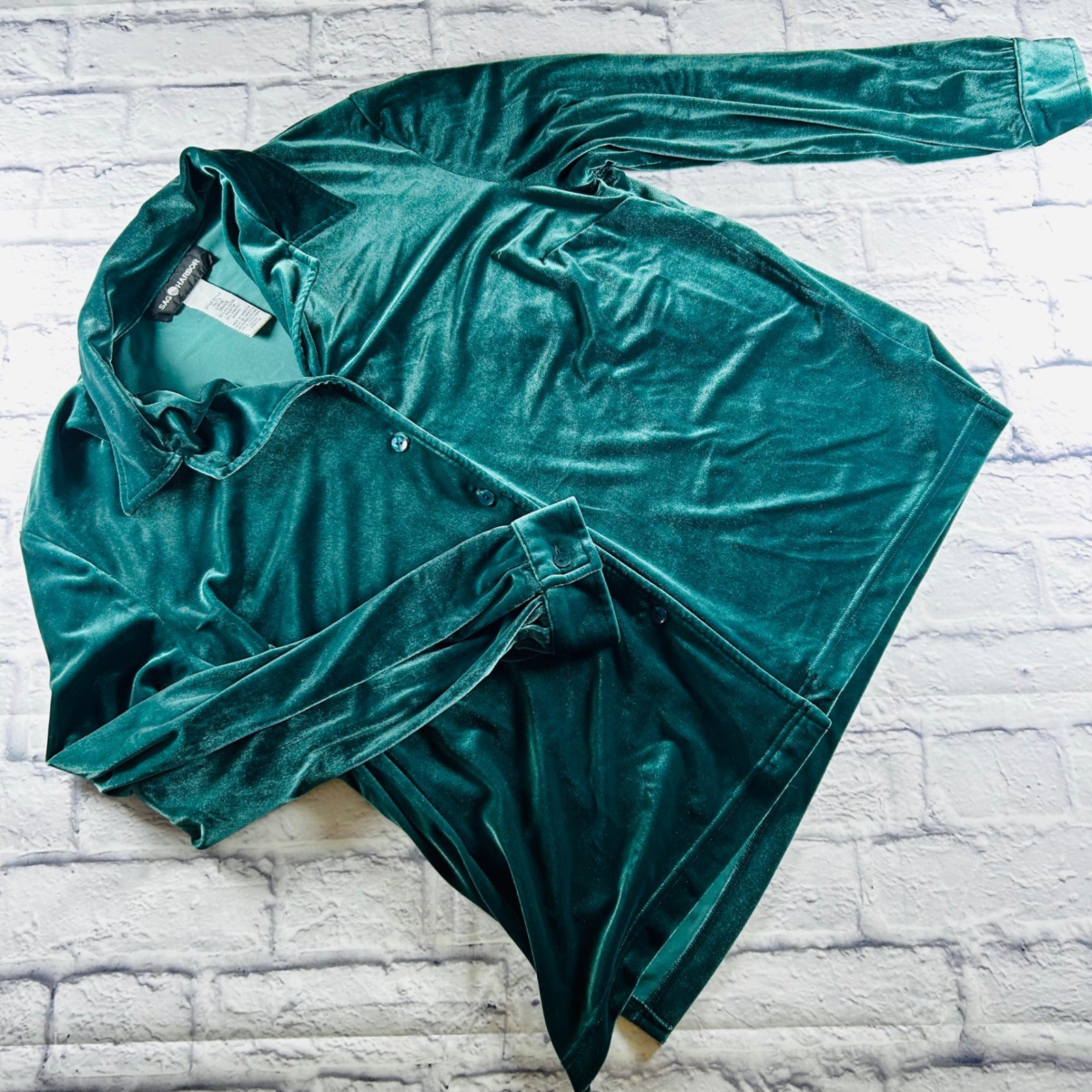 Sag Harbor Womens Teal Green Velvet Button Down Shirt Long Sleeve Stretch Large