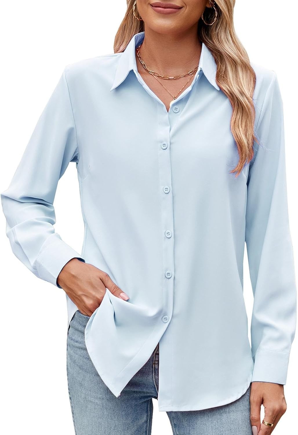 Womens V Neck Button Down Blouse Wrinkle-Free Stretch Soft Chiffon Long Sleeve