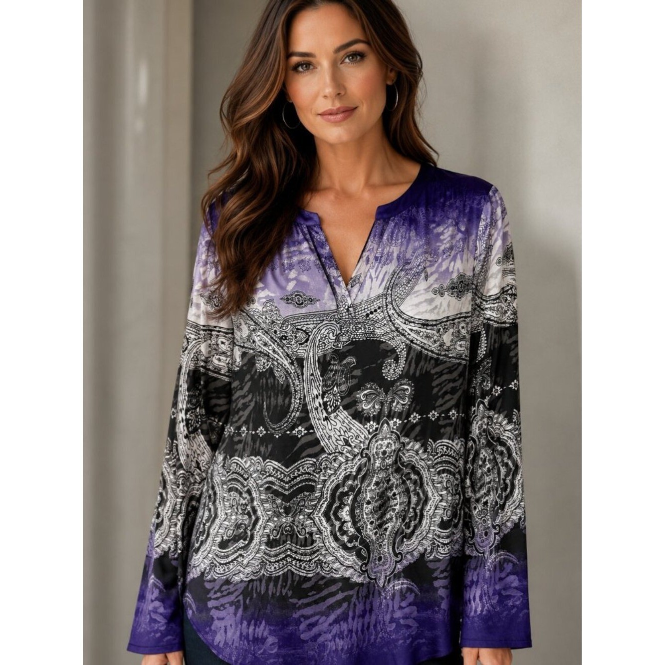 Chico’s Blouse Women’s XL Travelers Paisley Abstract Boho Black Purple Chicos 3