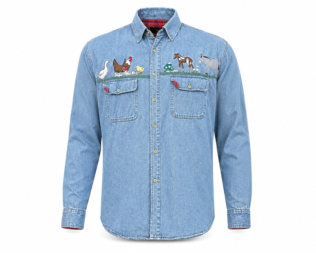 Vintage 90s Open Trails Farm Animal Embroidered Denim Flannel Lined Shirt XL USA