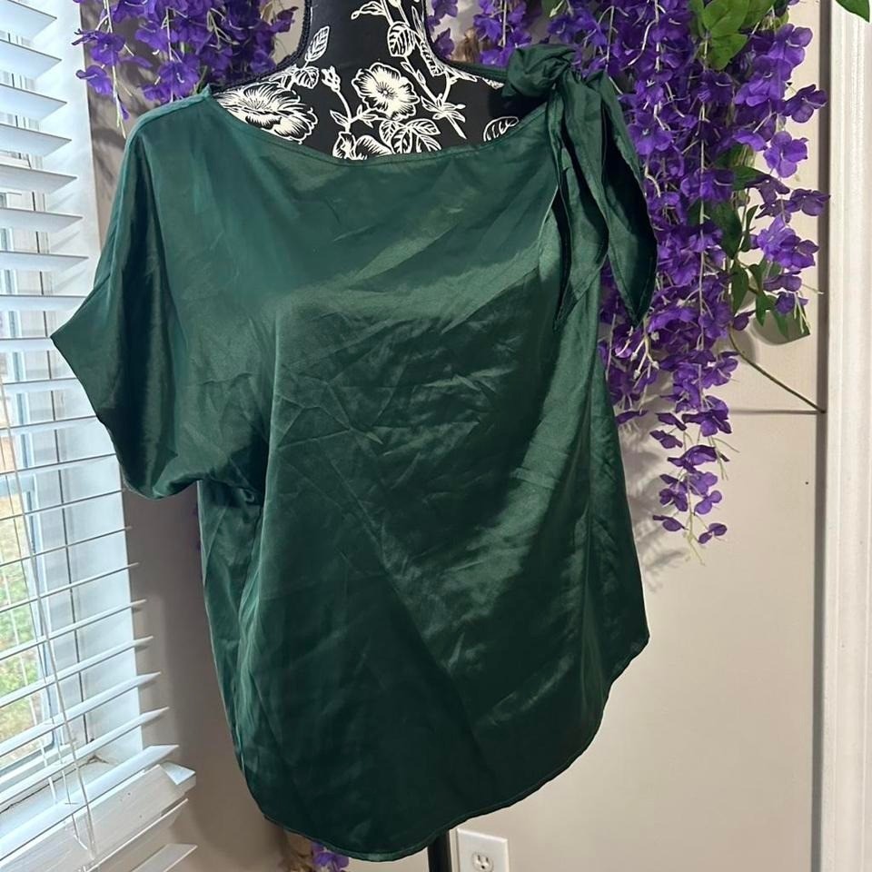 SHEIN Emerald Green One Shoulder Satin Blouse Tie Strap Bow Top Size L