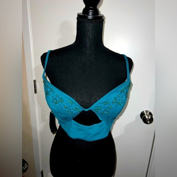 bebe guzel floral solid embellished bralette top teal color NWT