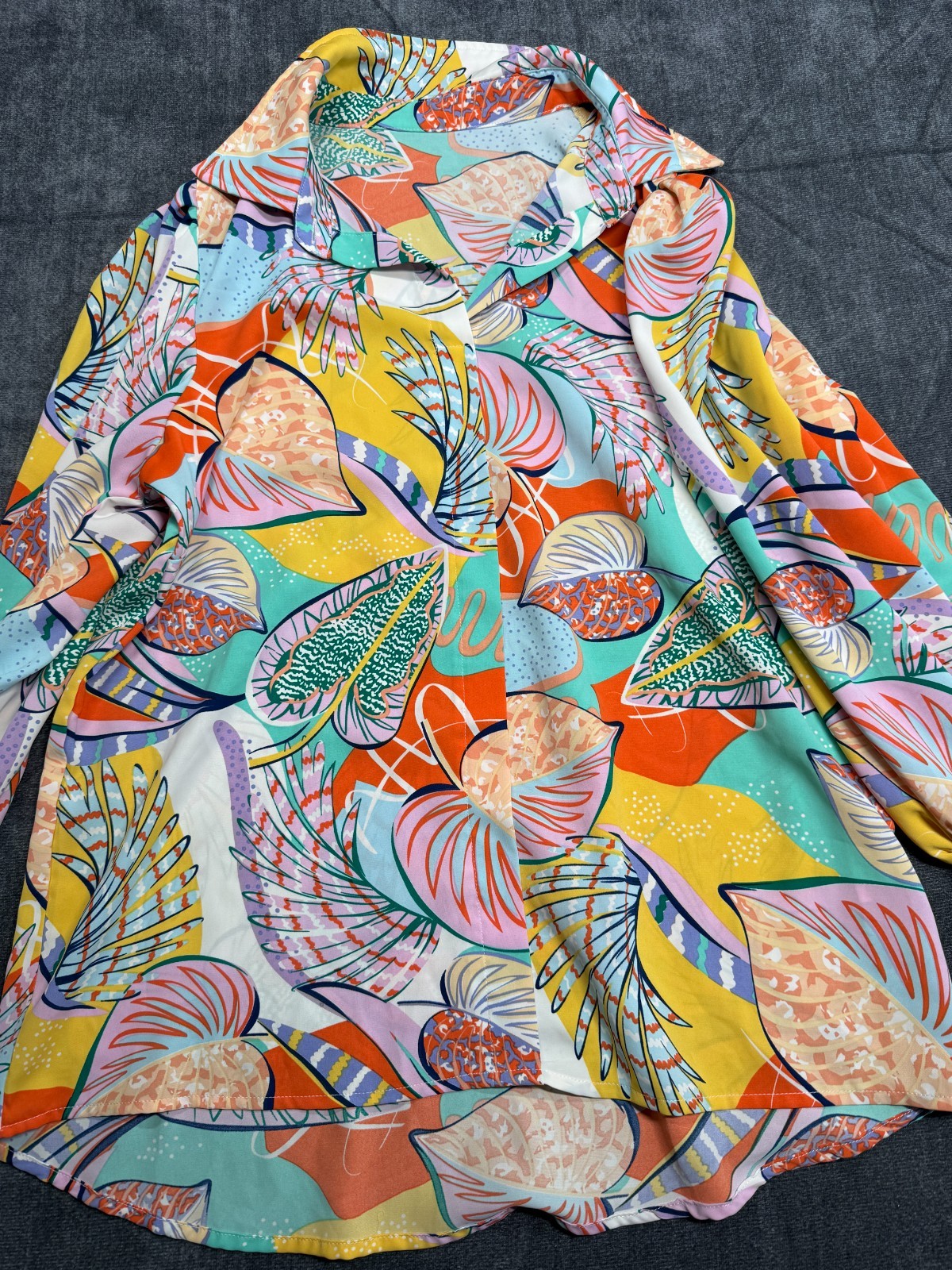 Womens Colorful Tropical Print Blouse Smocked Cuffs Oversized Button Front