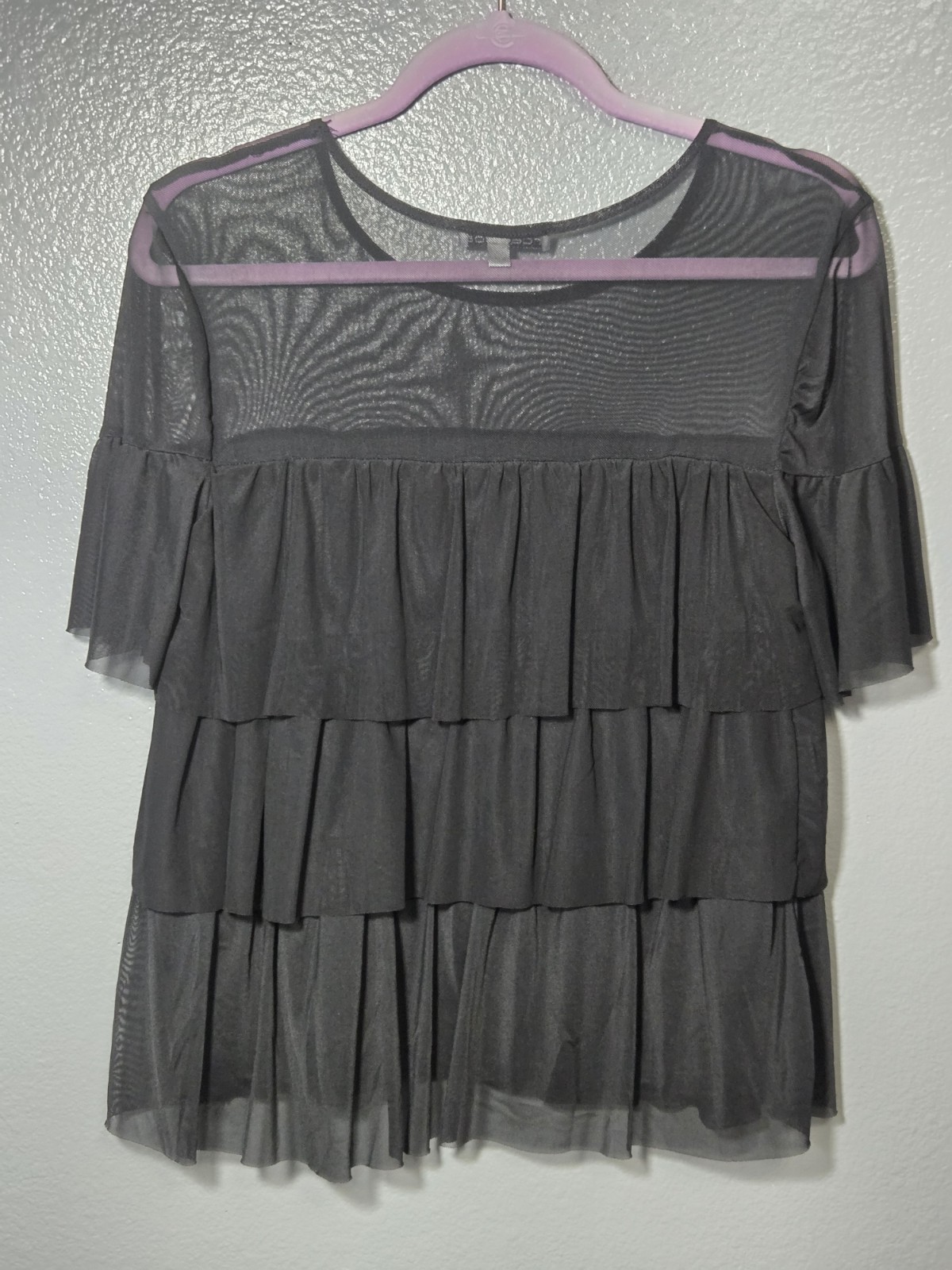 Sheer L Black Tiered Ruffle Top Flowy Lined Sheer Cape Sleeve