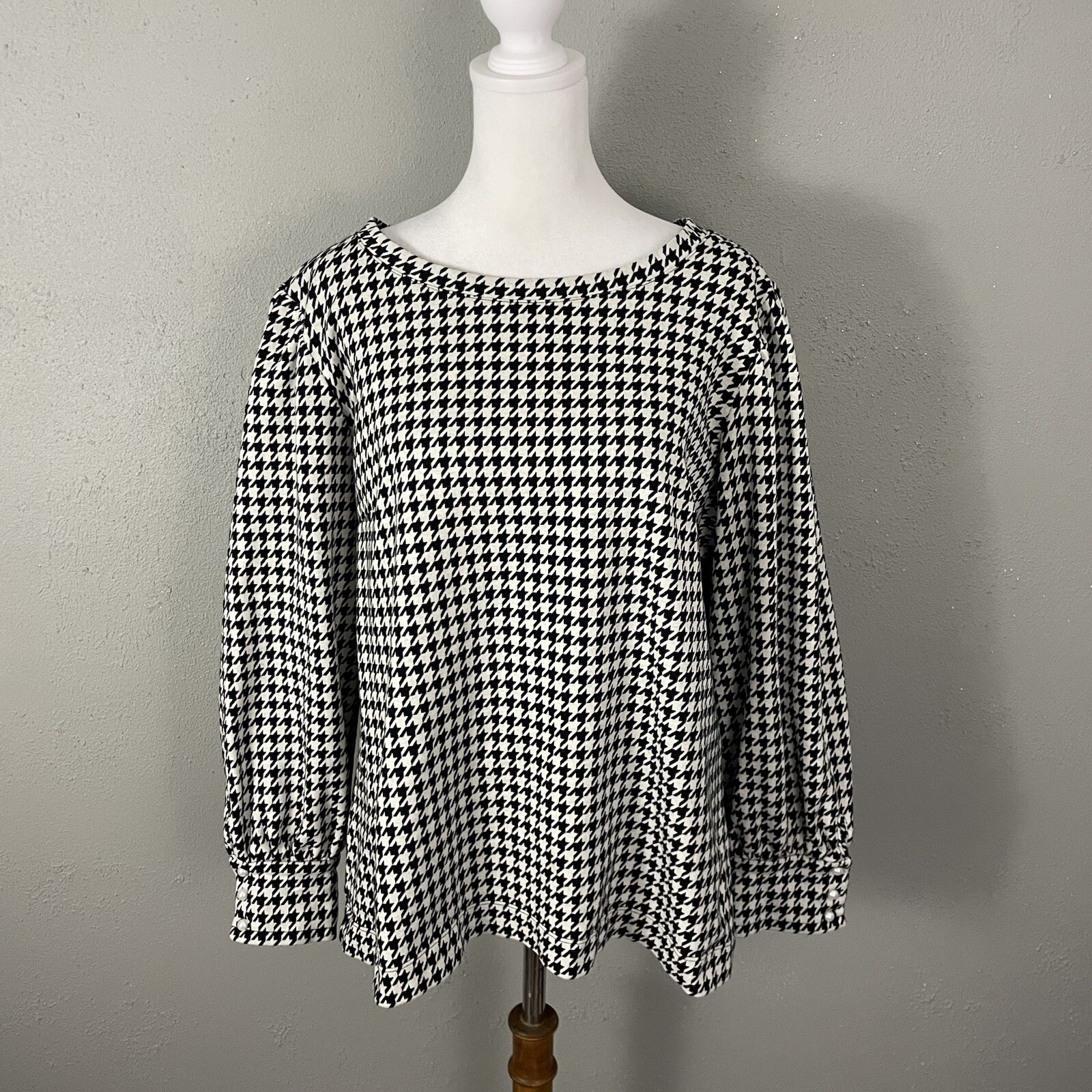 Talbots Ponte Knit Top Plus Size 1X Black White Houndstooth Shirt Long Puff Slv