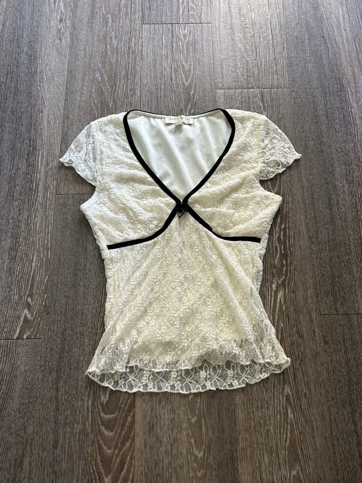 Ivory Lace Velvet Trim Babydoll Top Coquette Boho Feminine Fairy Dainty Romantic