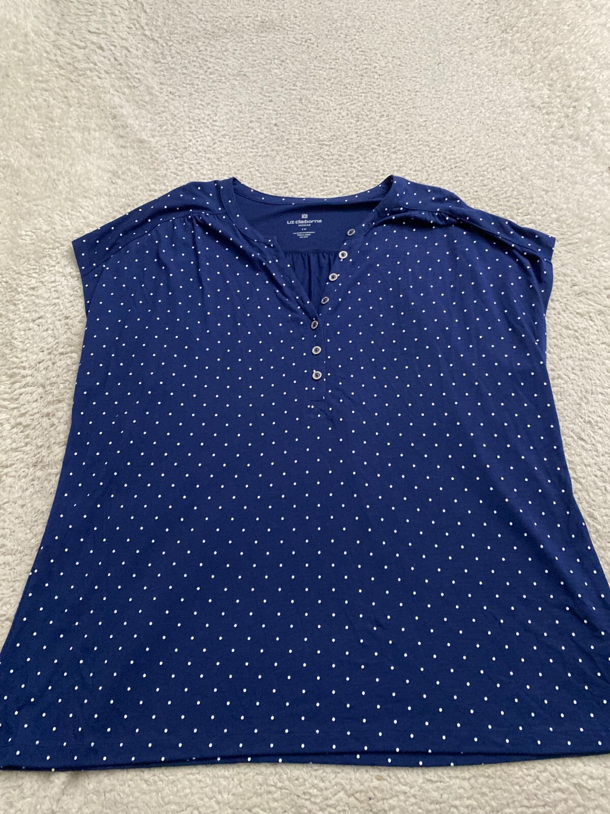 Liz Claiborne Women Polka Dot Short Sleeve Henley Blouse Navy Size 1X