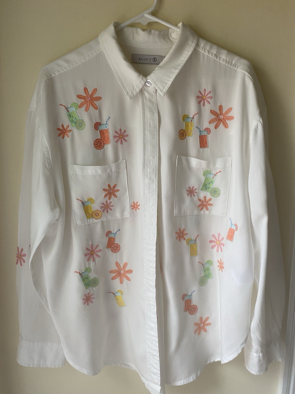 Billy T Embroidered Medium White Colorful Shirt Top Beach Pool Cruise