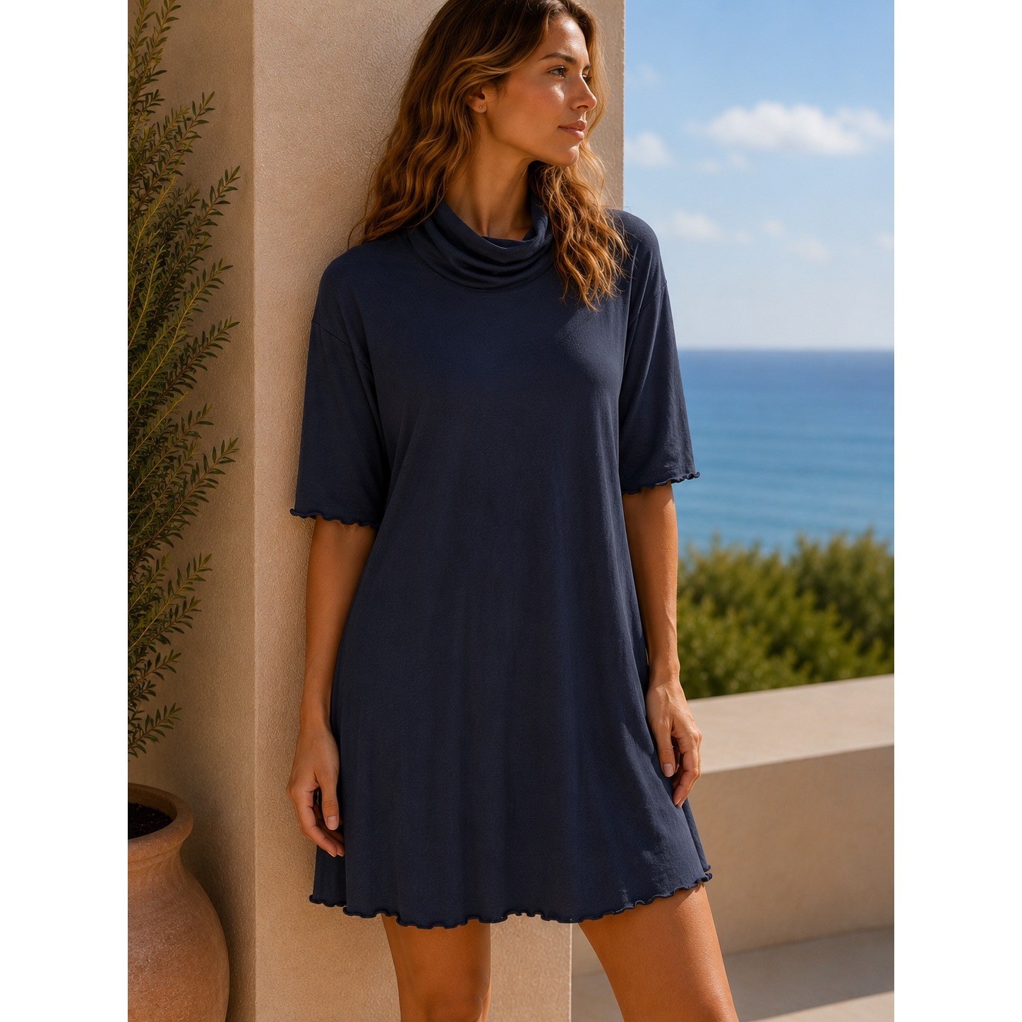 Alabama Chanin Tunic Women L Navy Blue Organic Cotton Funnel Neck Pockets W-101