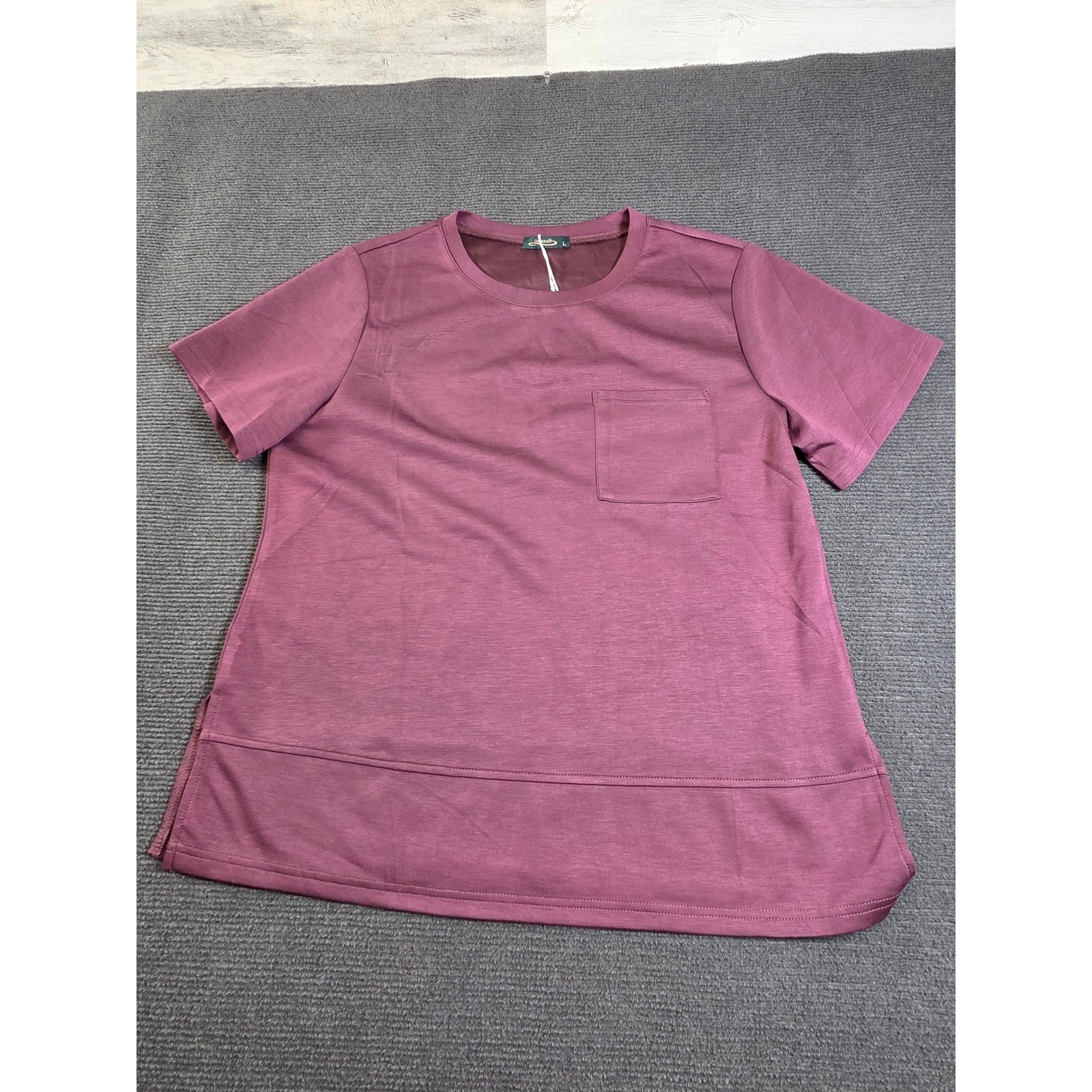Ofeefan Pocket T-Shirt Women Large Plum Purple Short Sleeve Stretch Top NEW