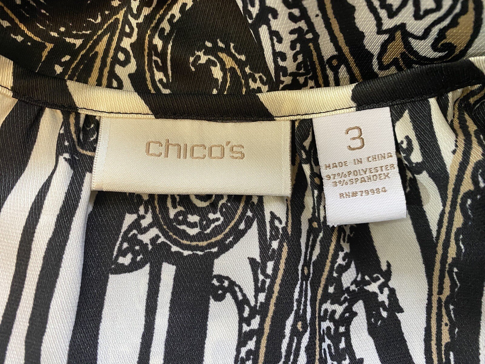 CHICOS 3 XL Blouson Top Satin Floral Scroll Print Ivory Black Tan Shirt EUC