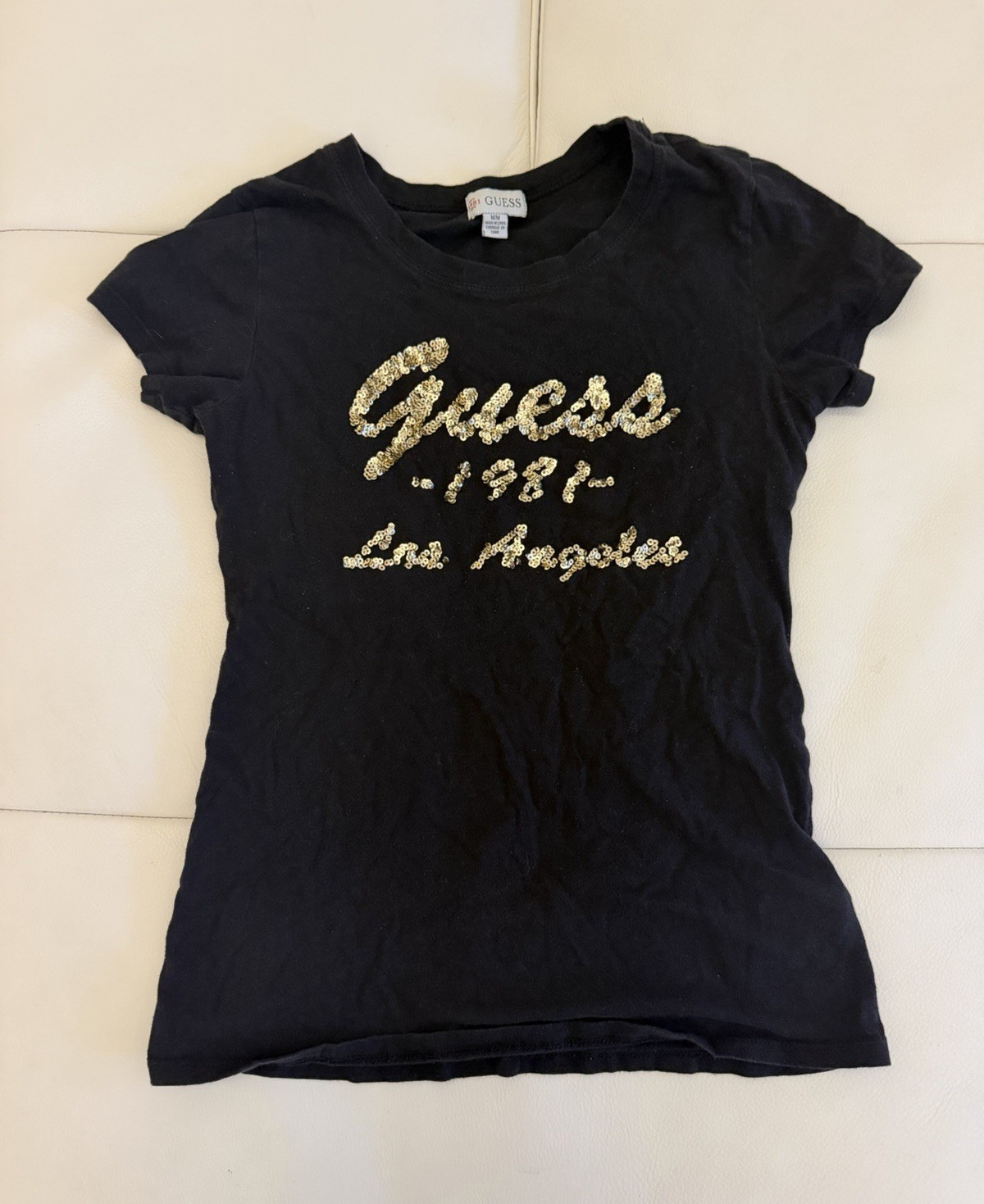 GUESS Women’s Black Sequin Logo Crew Neck Cap Sleeve T-Shirt Top M