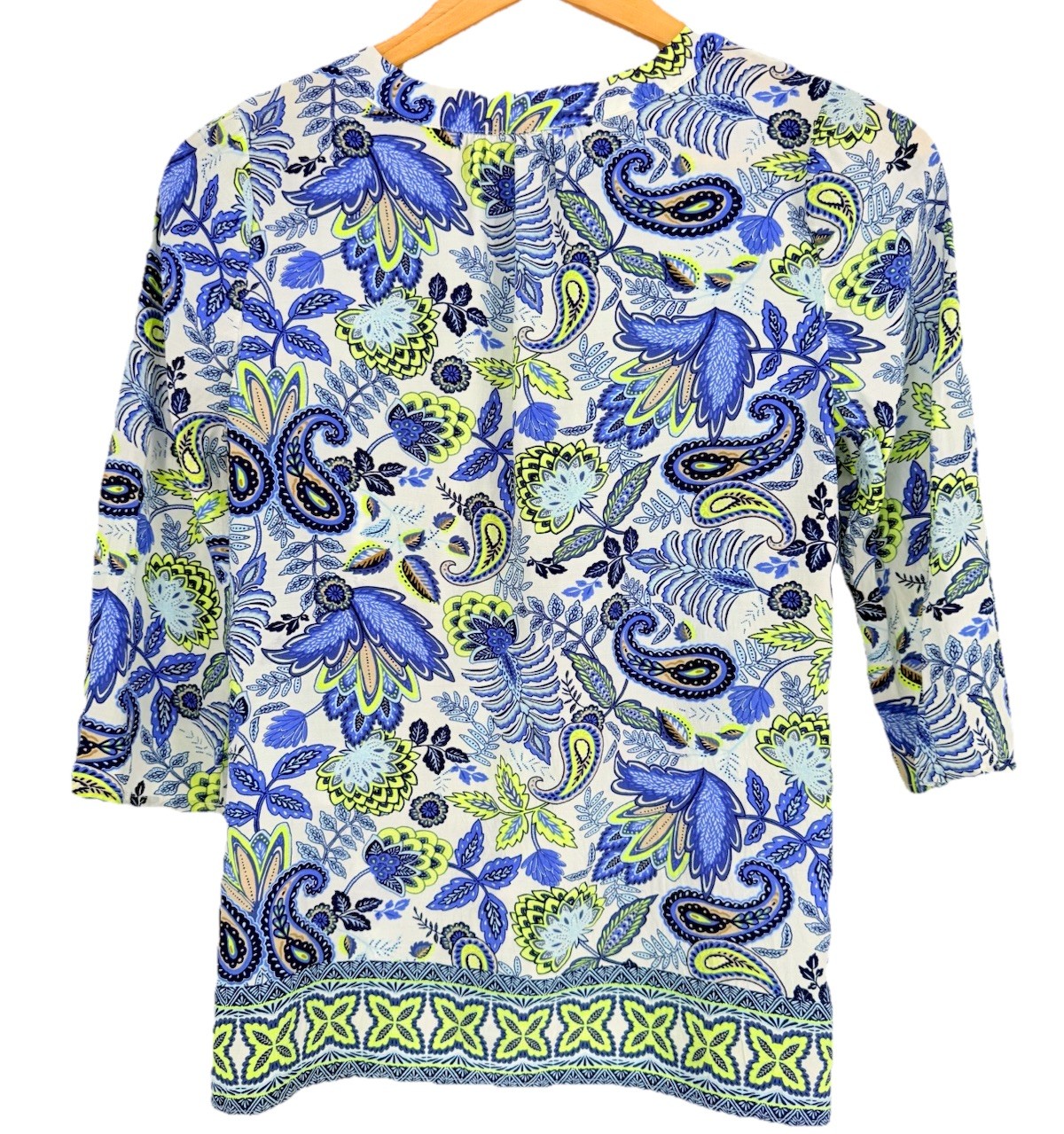 Talbots Viscose Paisley Tunic Top S Small Blue Lime Floral Boho Cottagecore