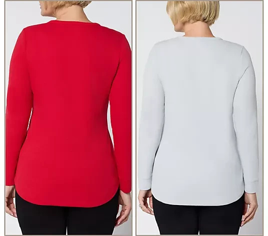 Denim & Co. Essentials 2-Pack Waffle Knit Henley Tops NWT A710615