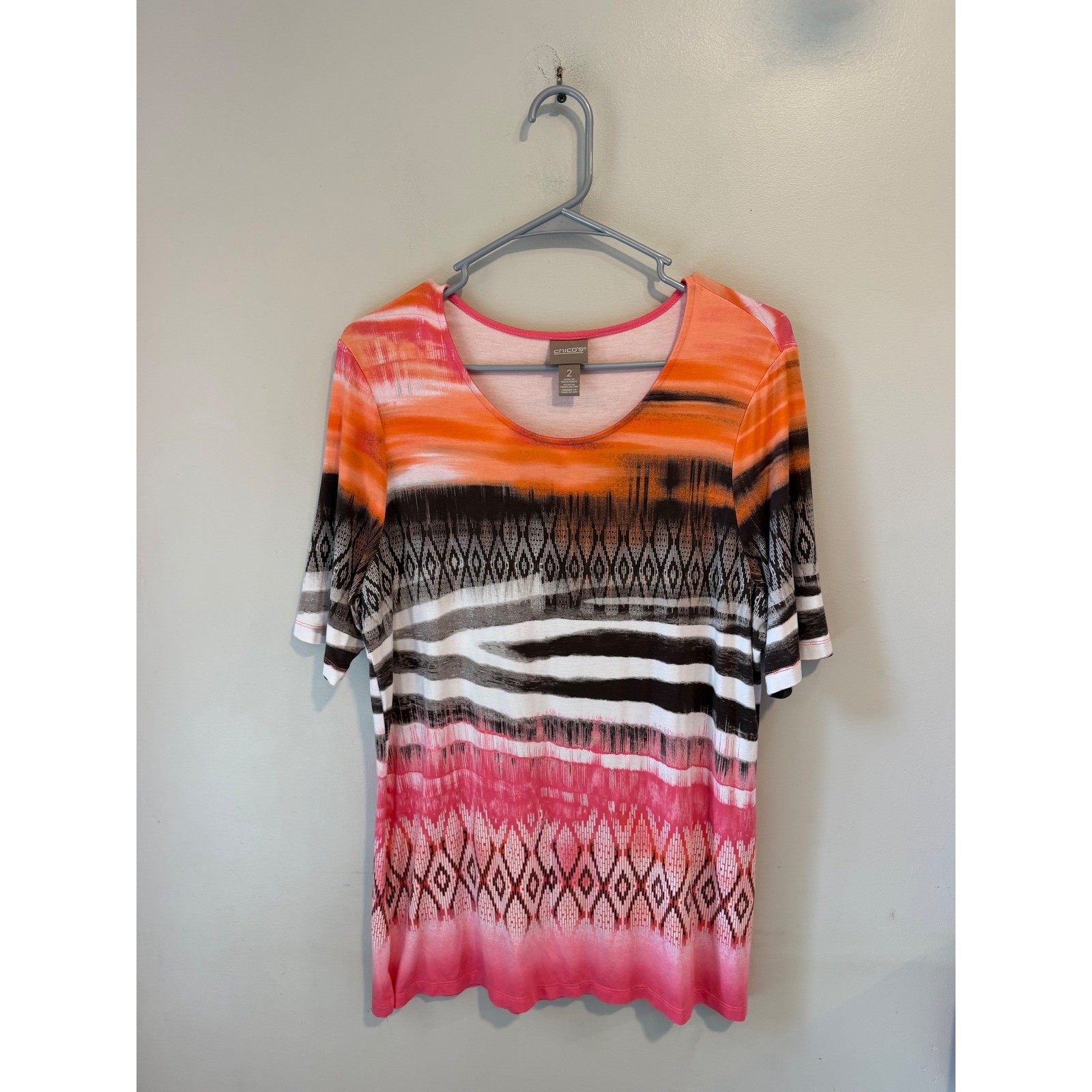 Chico’s Women Orange Pink Abstract Geometric Print Short Sleeve Top Size 2 L