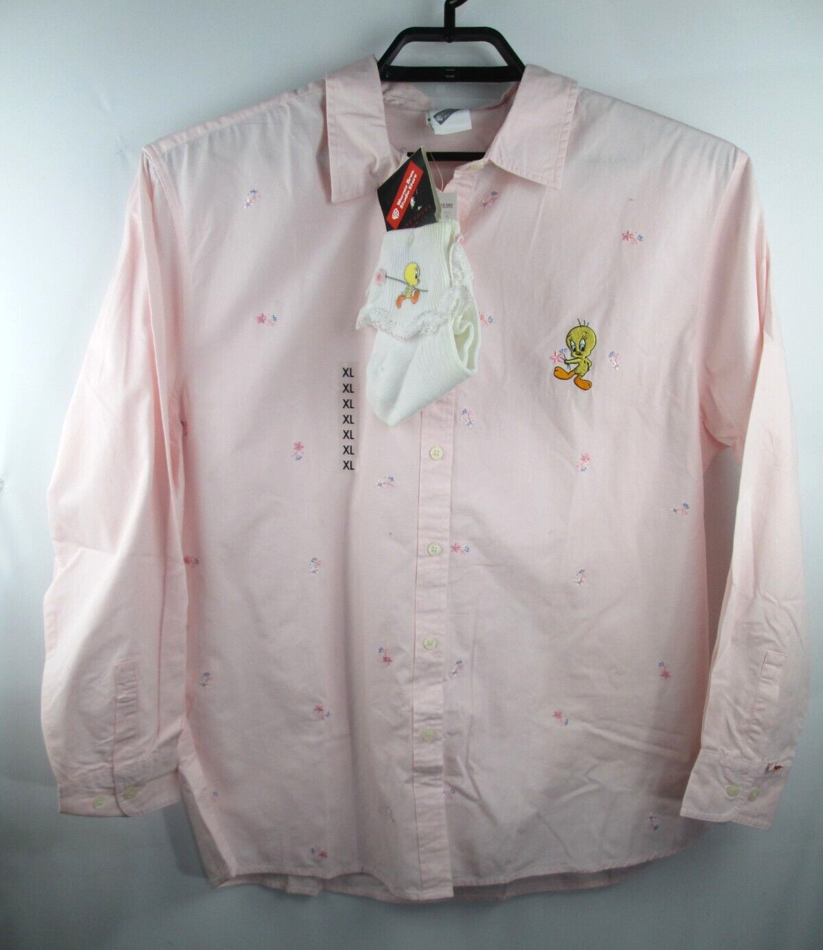 VTG Tweety Bird Pink Button Shirt Women XL Warner Bros w/Socks Embroidered NWT