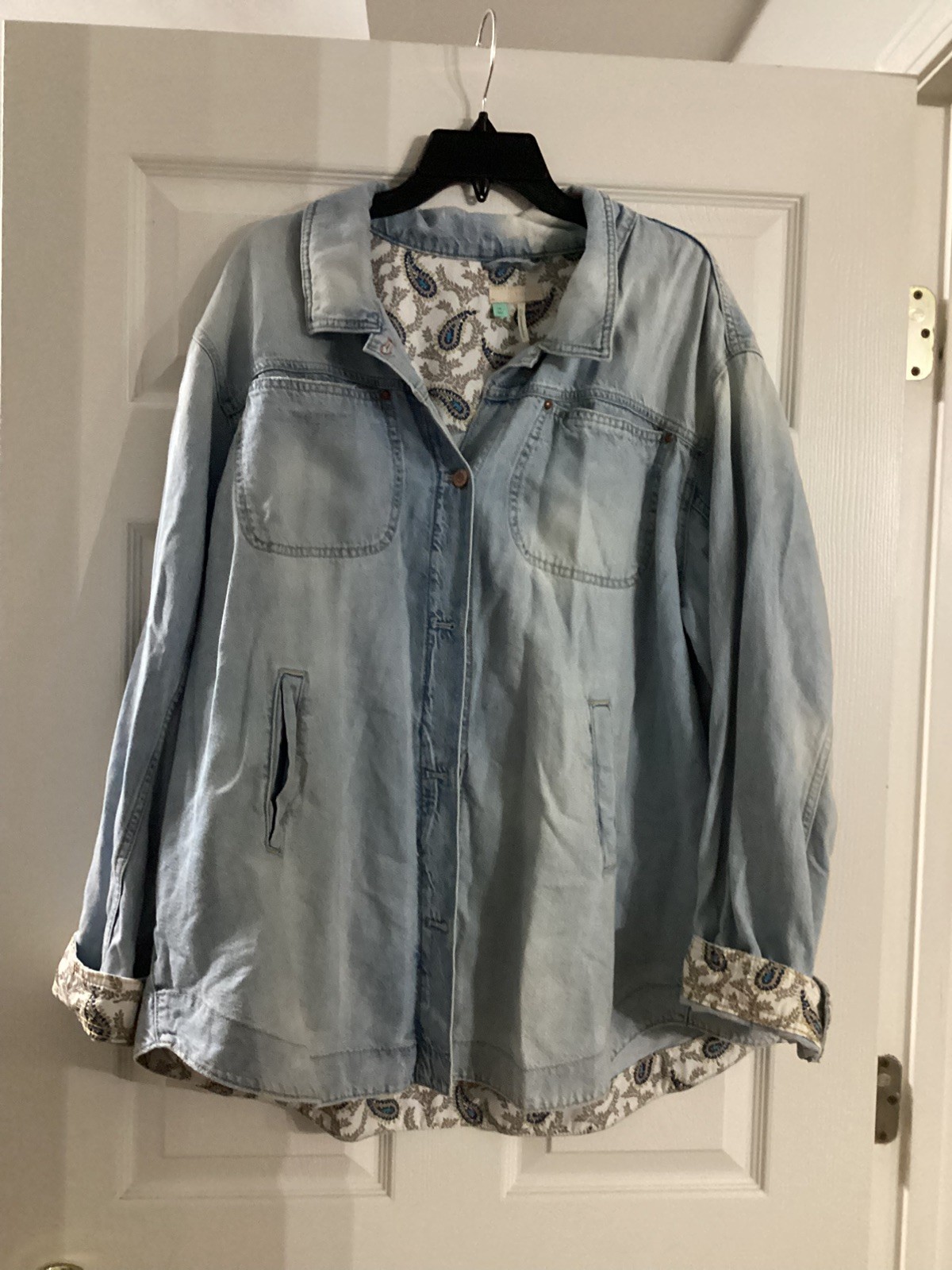 Anthropologie’s Pilcro Drapey Denim Shirt Jacket Frayed Sleeve Side Slit 3x
