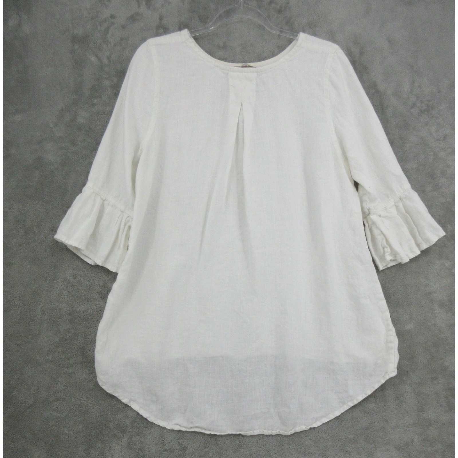 Crown Linen Designs Top Women Medium Ivory Linen Bell Sleeve High Low Coastal