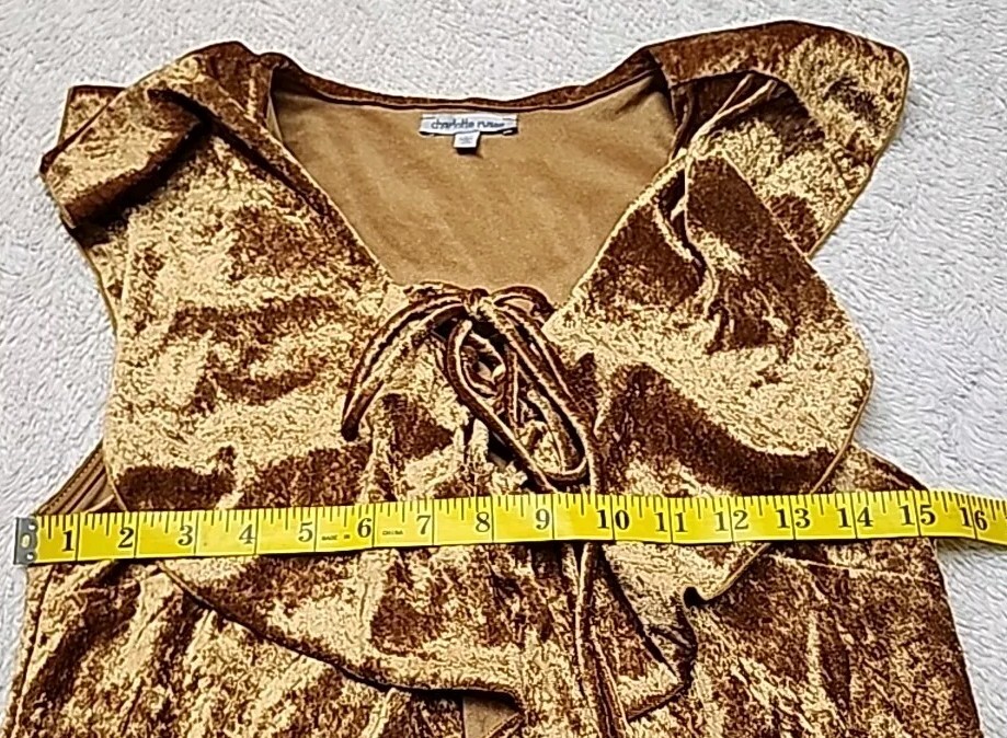 • Charlotte Russe Junior’s Sleeveless Velour Ruffle Front Tie Top Large Gold