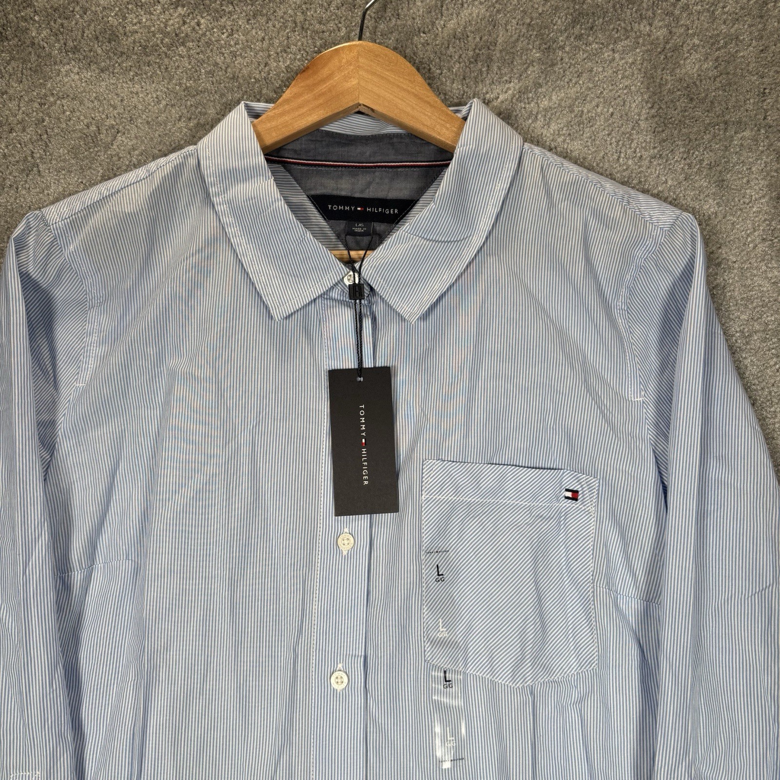Tommy Hilfiger Shirt Womens L Blue Striped Long Sleeve Button Up Pocket Logo NWT