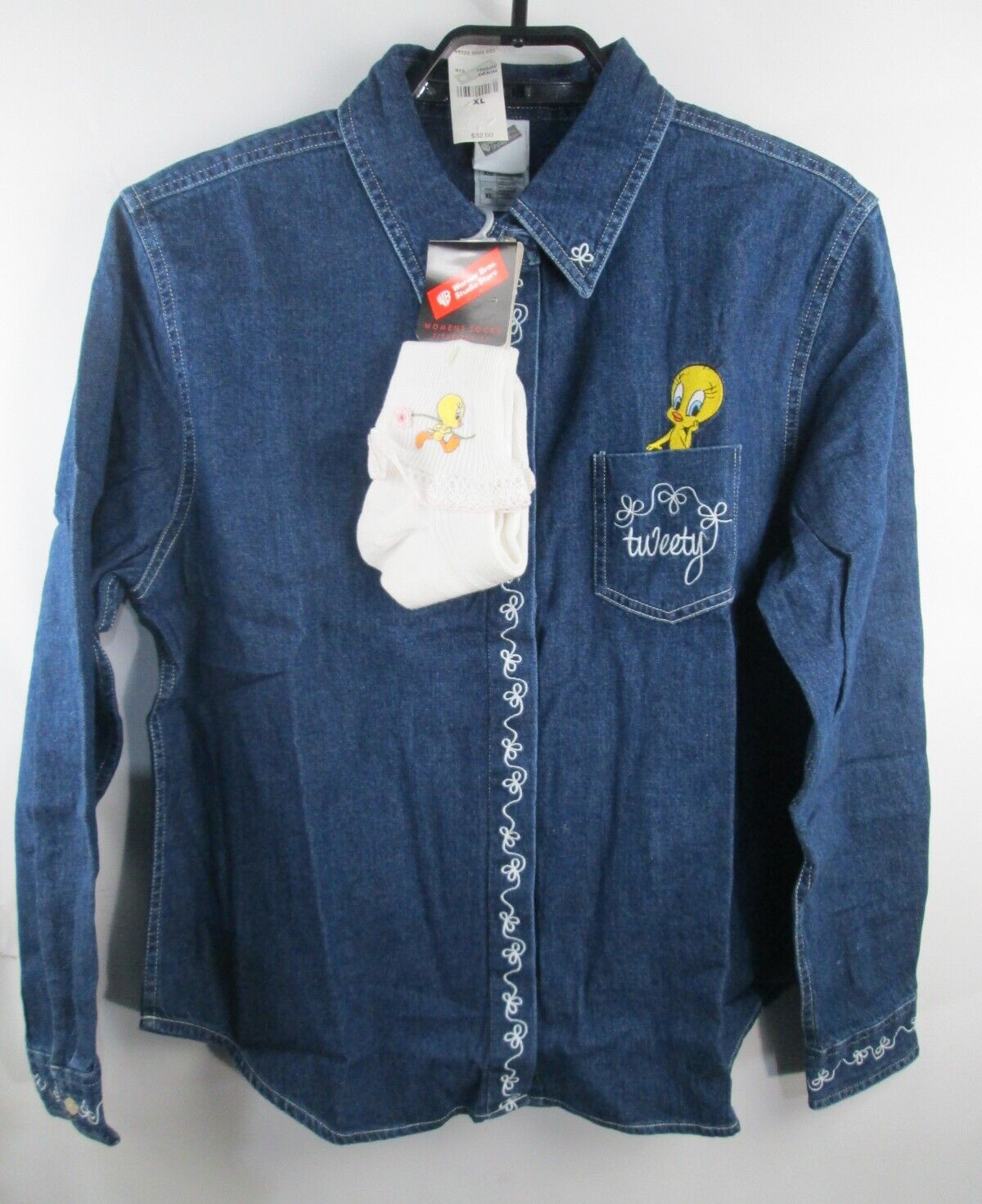 VTG Tweety Bird Blue Denim Shirt Women XL Button Warner Bros w/Socks NWT