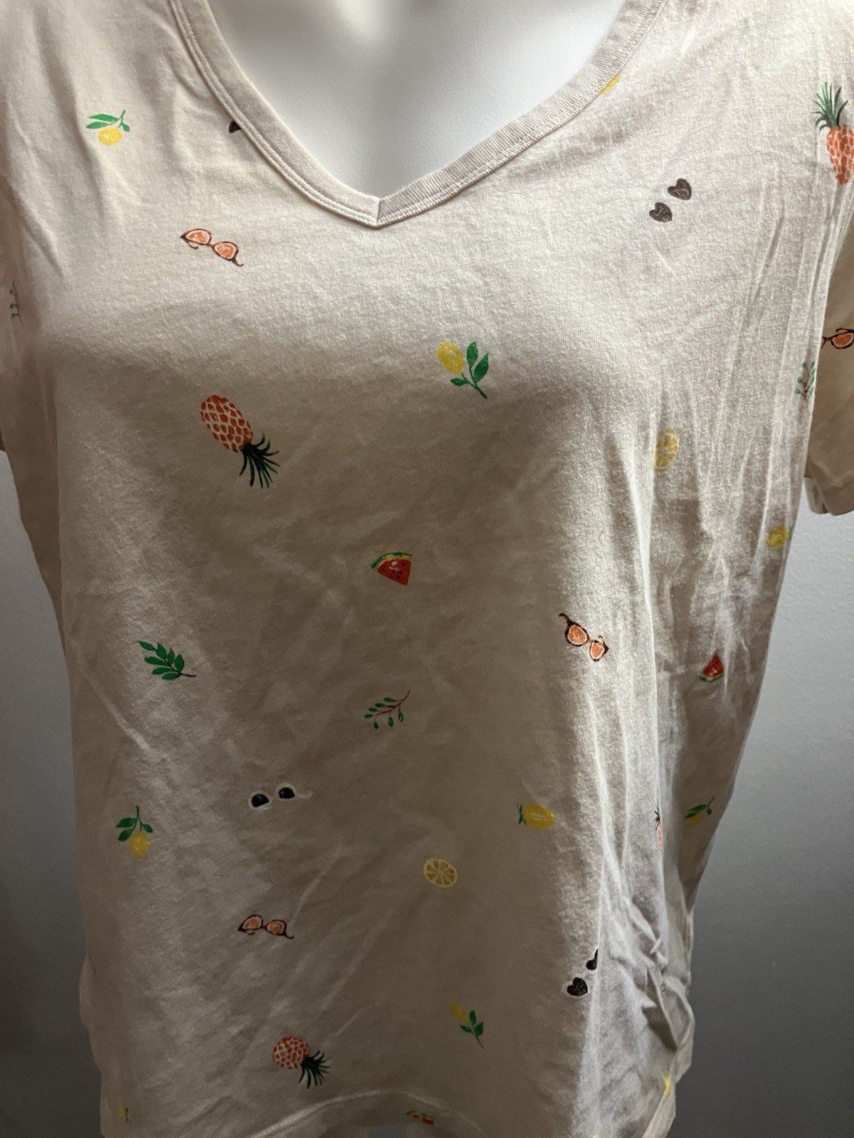 Old Navy Fun Summer T-Shirt Beige Sz L Fruit/glasses 100% Cotton Slub Vtg Style
