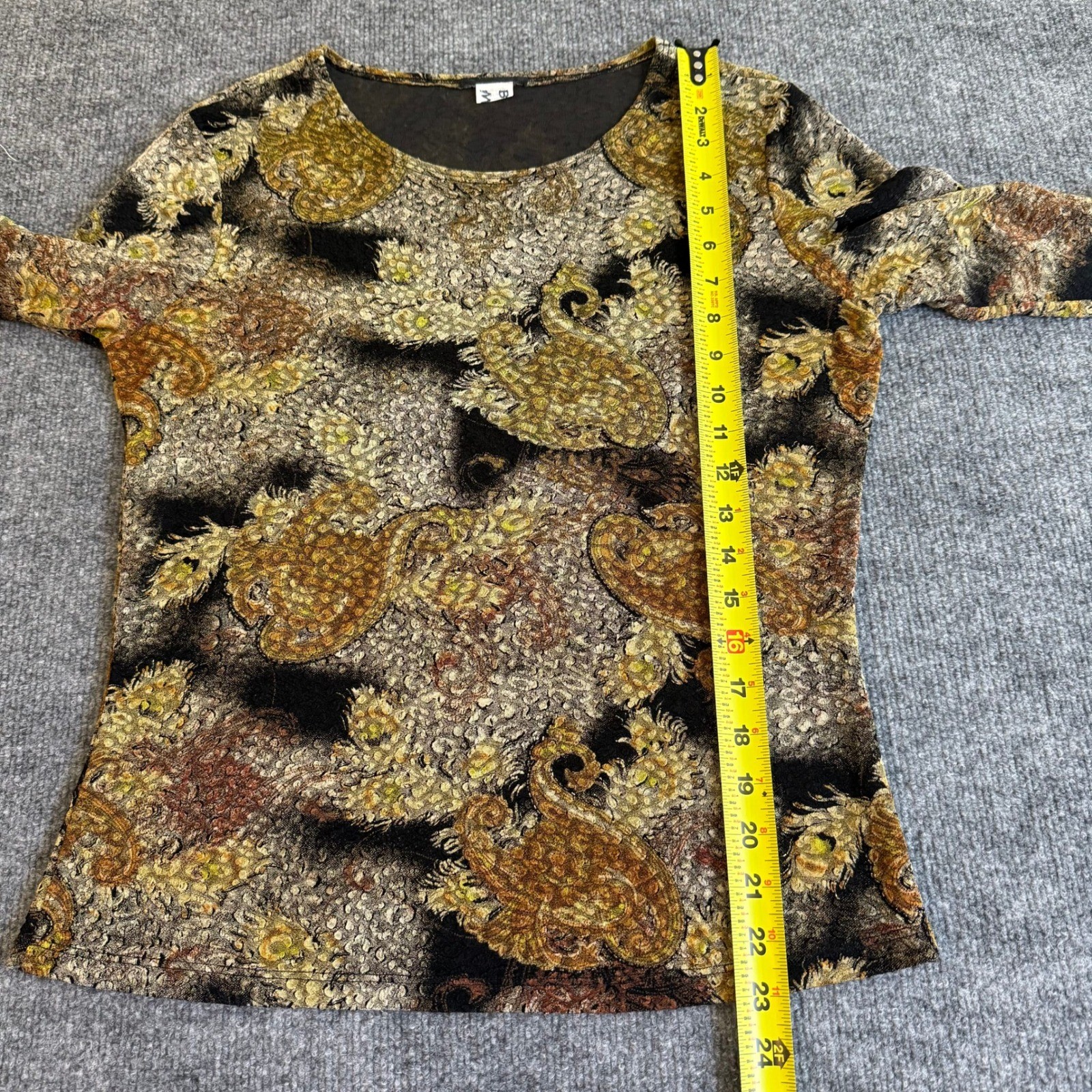 Vintage Y2K Brittany Black Textured Paisley Stretch Top Gold Multi 3/4 Sleeve M