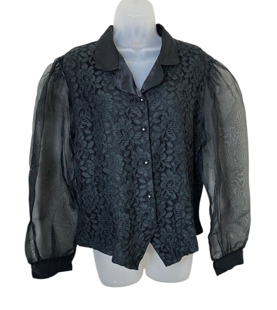 Vtg Womens XL Black Chantilly Lace Top Long Sheer Sleeves Button Up Rhinestones