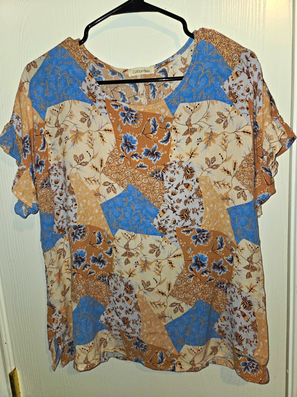 Cotton Bleu M Beige Blue Floral Sheer Chiffon Round Neck Short Sleeve Blouse