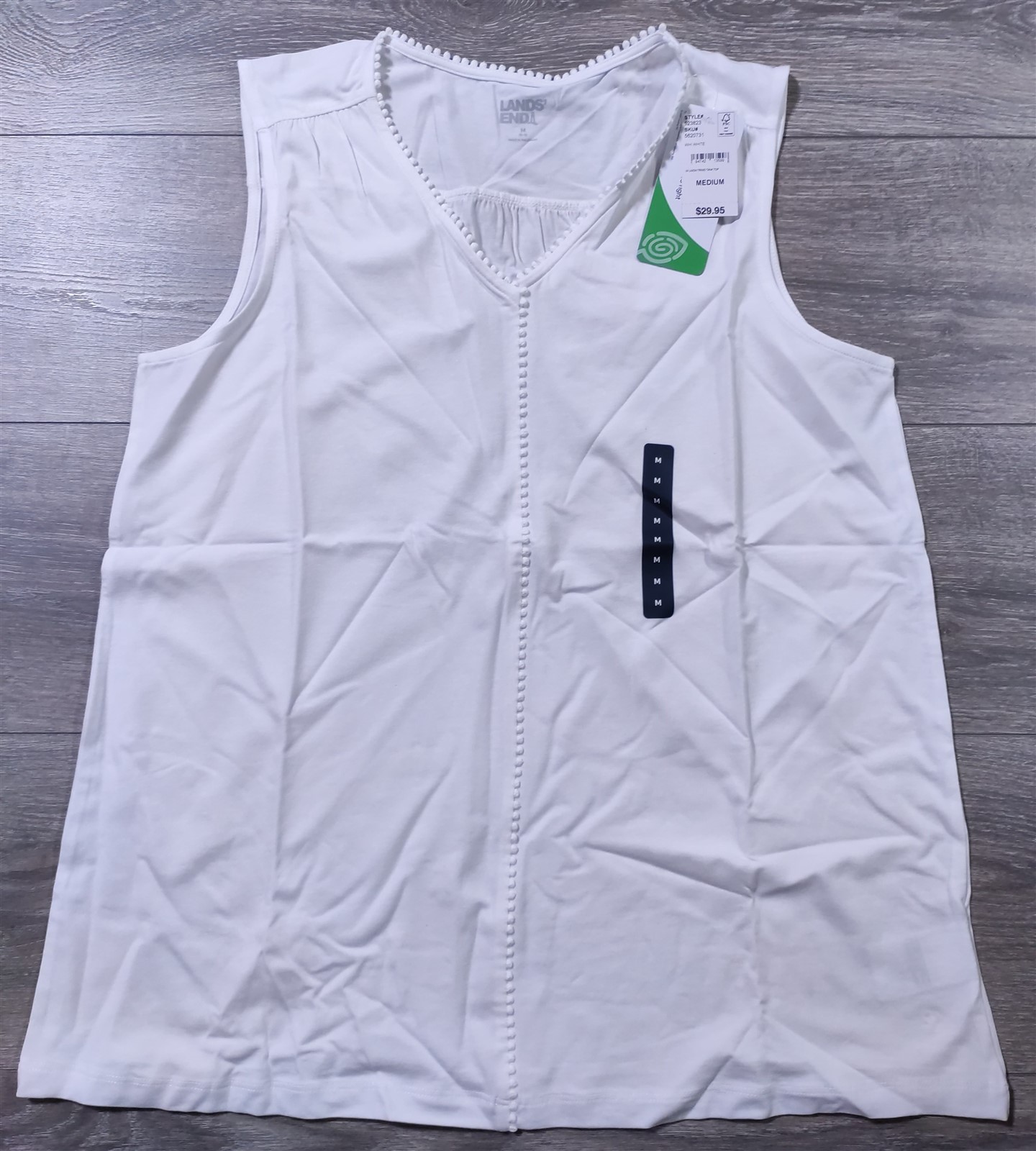 Lands End Tank Top Adult Medium 10-12 White Trimmed Sleeveless Shirt Womens