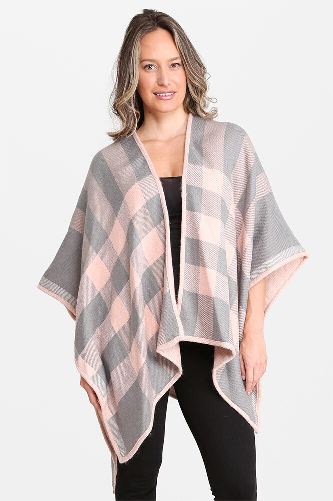 Anthropologie Style Women’s Plaid Check Pattern Ruana Shawl Wrap with Fringe