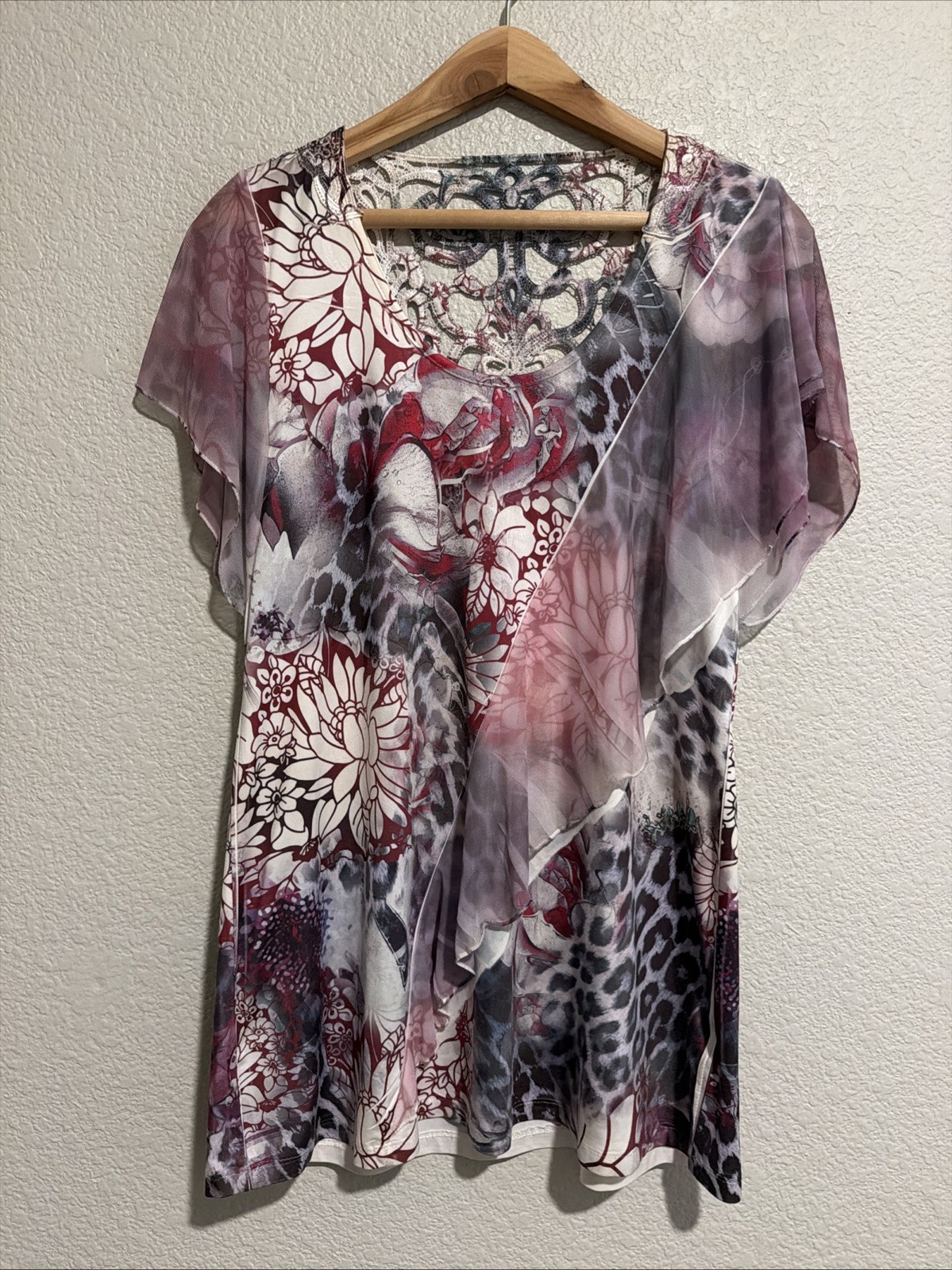One World Live and Let Live Floral Butterfly Tunic Top Soft Jersey Crochet Lace