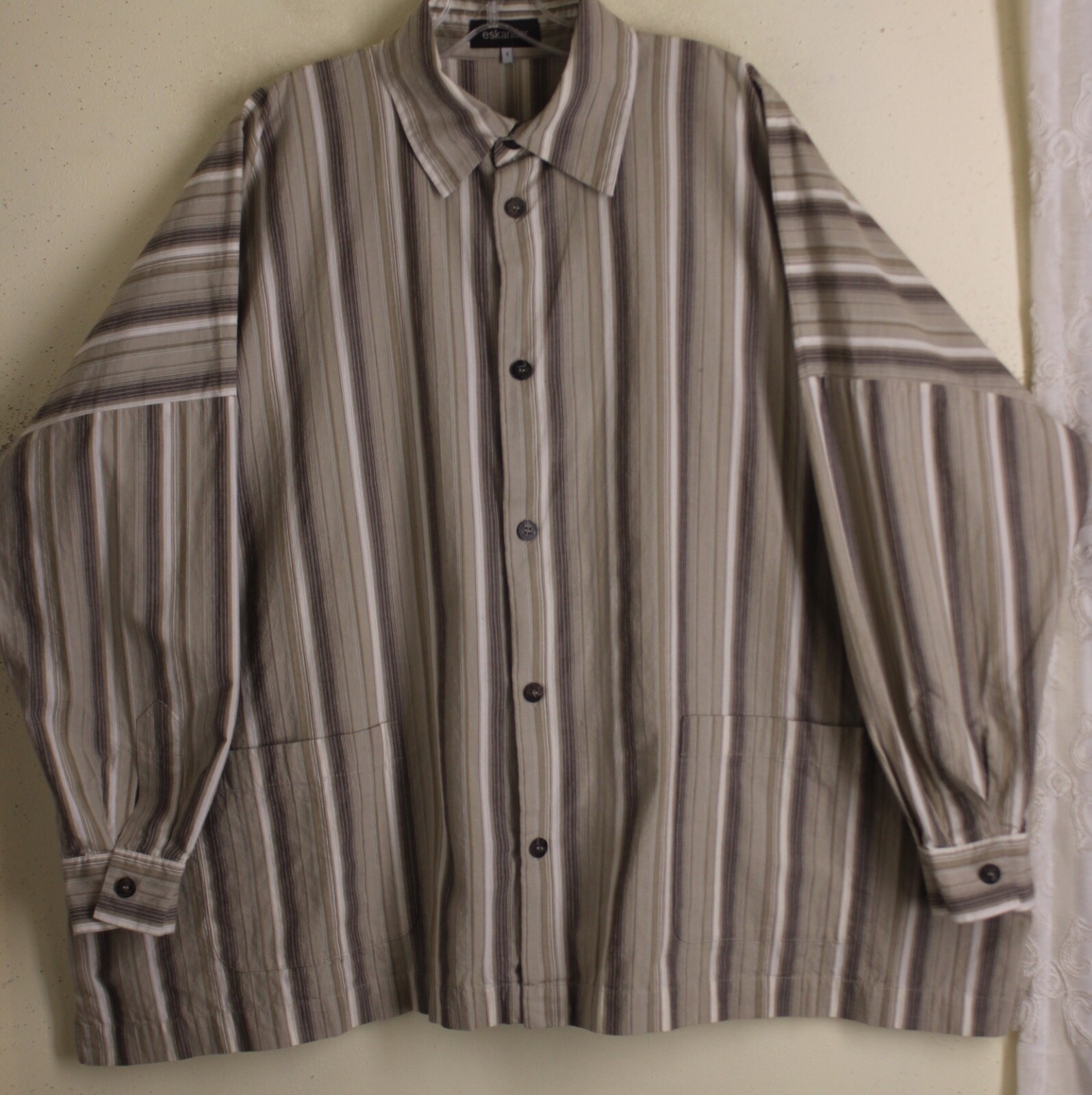 Eskandar 1 NATURAL OLIVE STRIPE Beachy Rich Cotton 30″L Shirt Jacket Top